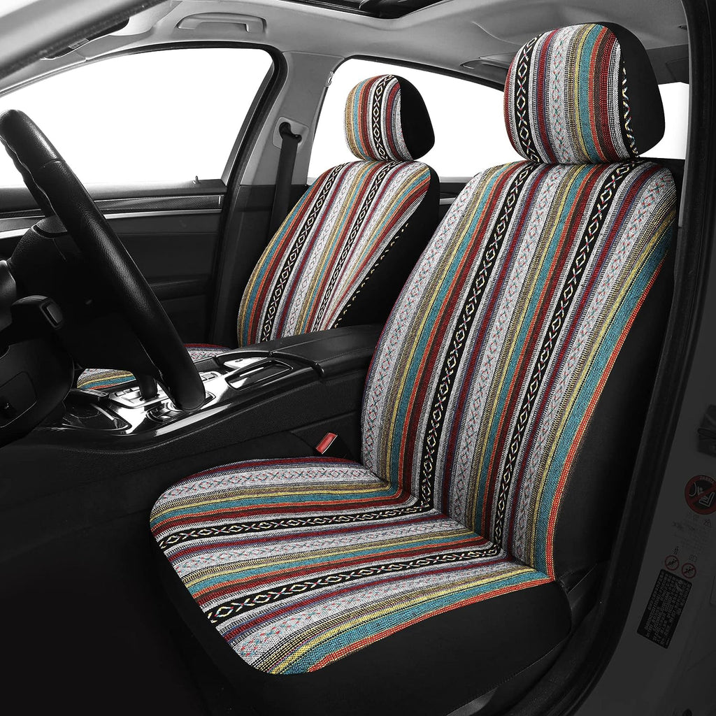 Pariitadin Baja Saddle Blanket Car Seat Covers Front Set with Seat Belt Pads, Washable Breathable Striped Woven Cloth Seat Covers for Cars, Universal Fit Most Cars, Airbag Compatible, Red