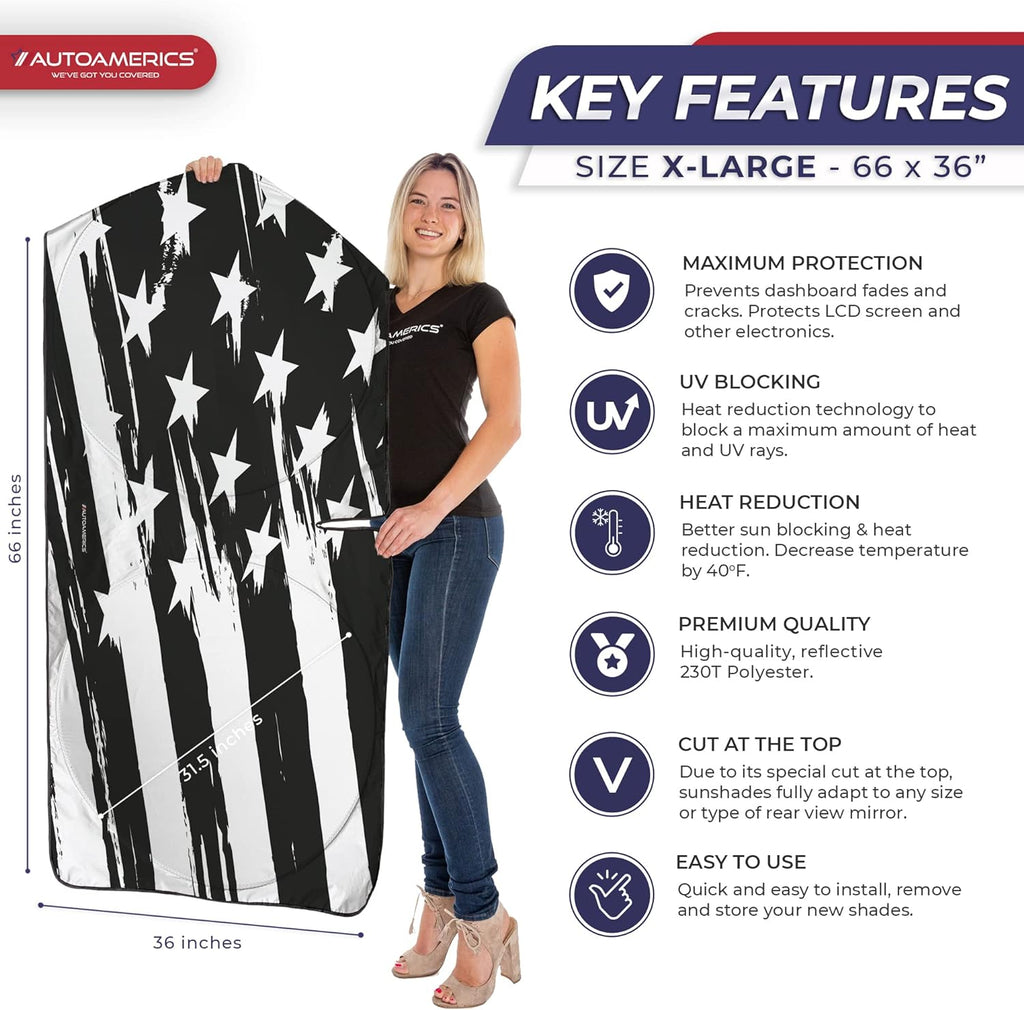 Autoamerics 1-Piece Windshield Sun Shade B&amp;W Art American Flag USA  - Foldable Car Front Window Sunshade for Most Sedans SUV Truck - Blocks Max UV Rays and Keeps Your Vehicle Cool - X-Large