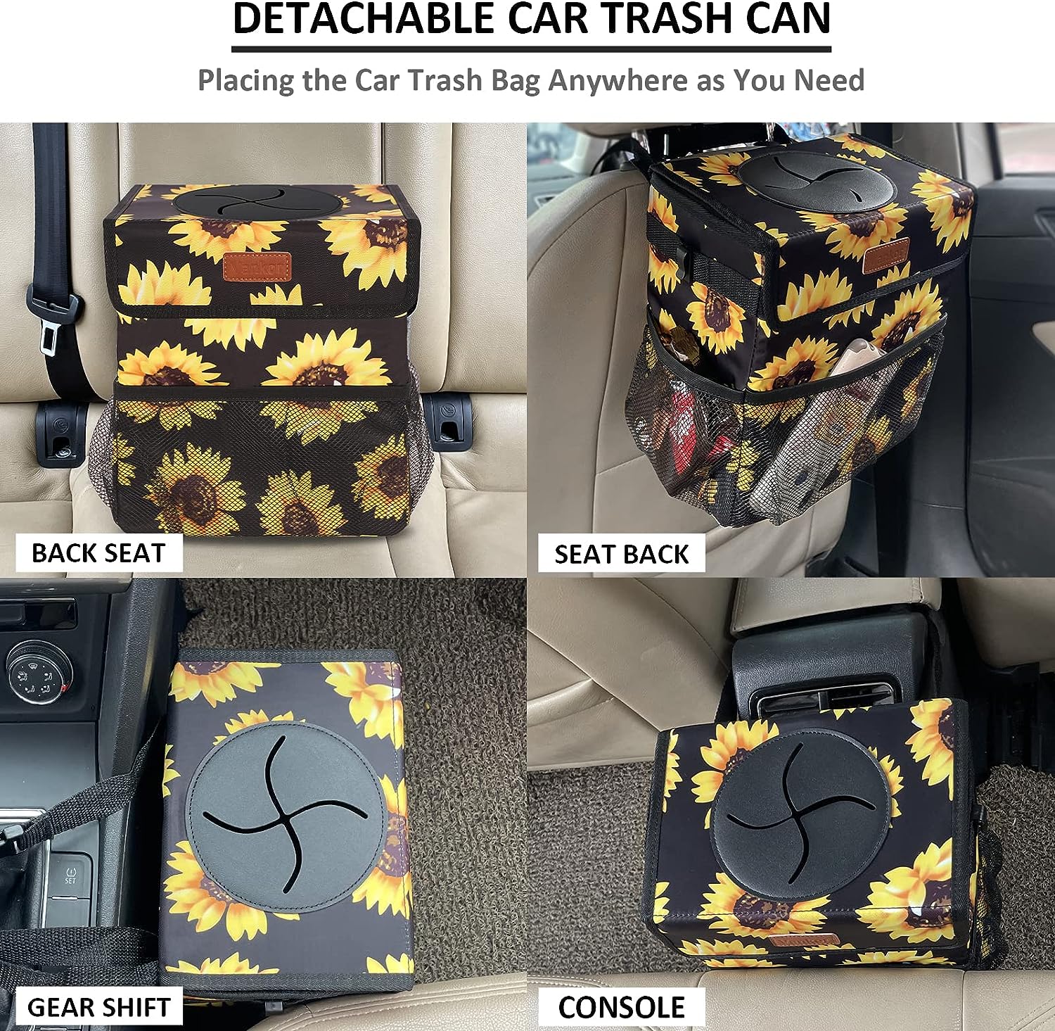 Vankor Cute Trash Can for Automotive Car, Trash Bag Bin Hanging Waterproof Leak Proof Vehicle Garbage Cans Sunflower
