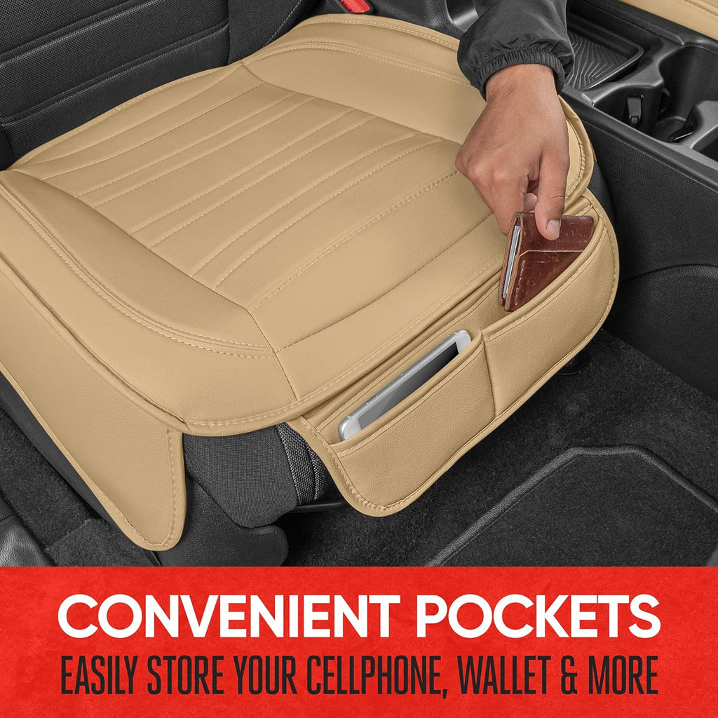 Motor Trend Seat Covers for Cars Trucks SUV, Faux Leather Full Set Beige Padded Car Seat Covers with Storage Pockets, Premium Interior Car Seat Cover