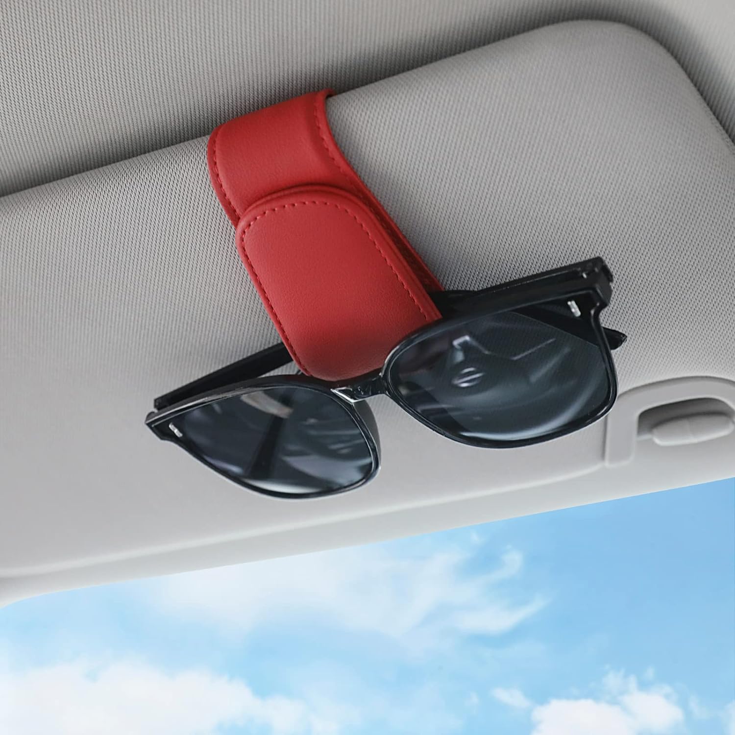 Sunglass Holder for Car Visor Sunglasses Clip Magnetic Leather Glasses Eyeglass Holder Interior Car Accessories for Woman Man - 2 Packs Red