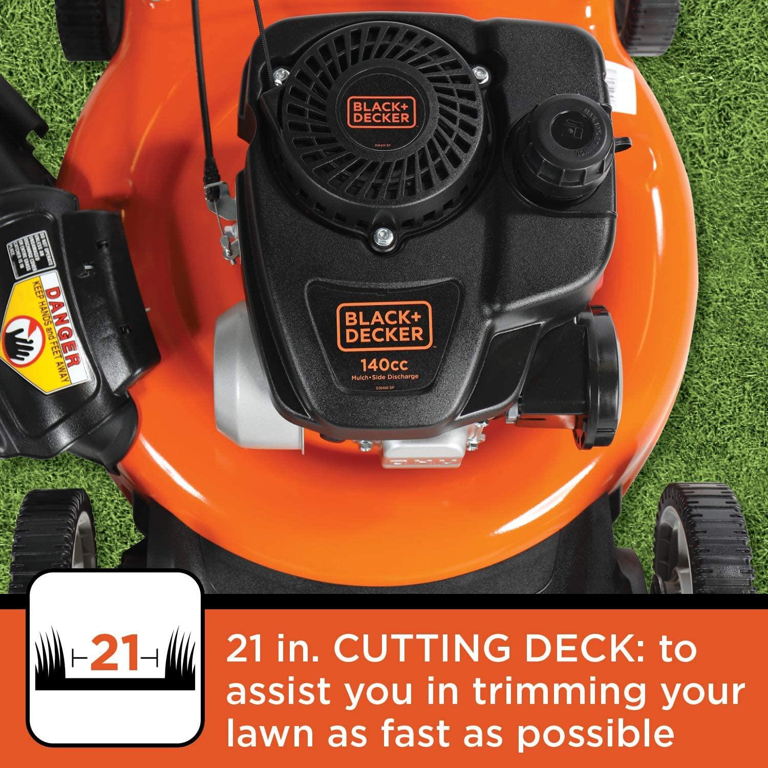 BLACK+DECKER 140cc OHV 21-Inch 2-in-1 Walk-Behind Push Gas Powered Lawn Mower - Perfect for Small to Medium Sized Yards - Side Discharge and Mulching Capabilities, Black and Orange