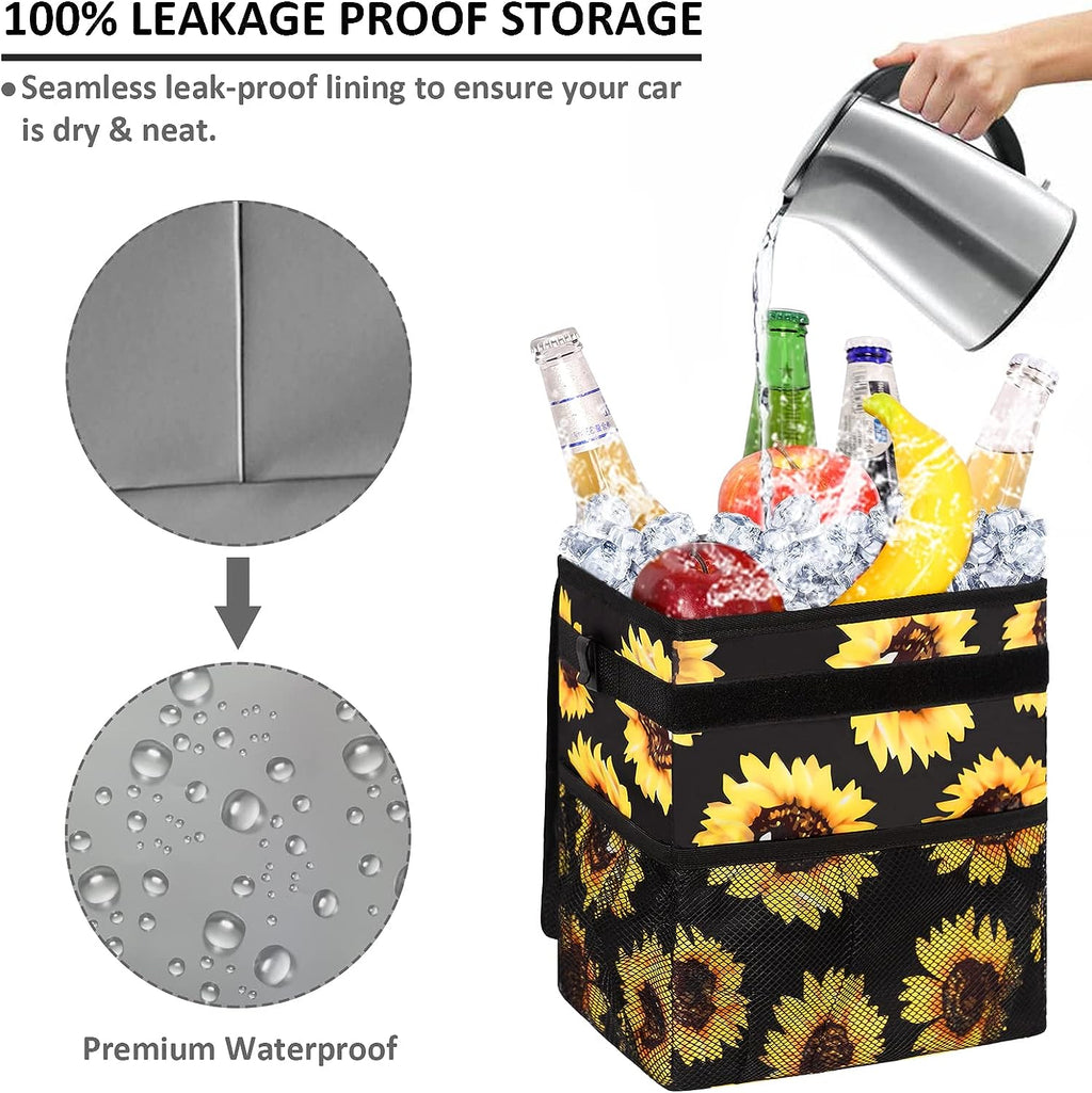 Vankor Cute Trash Can for Automotive Car, Trash Bag Bin Hanging Waterproof Leak Proof Vehicle Garbage Cans Sunflower