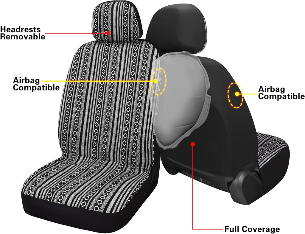 Pariitadin Baja Saddle Blanket Car Seat Covers Full Set with Seat Belt Pads, Washable Breathable Striped Woven Cloth Seat Covers for Cars, Universal Fit Most Cars, Airbag Compatible, Black/White