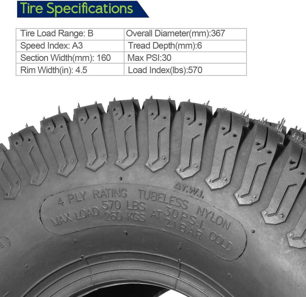 Set of 4 Lawn Mower Turf Tires 15x6-6 Front & 18x9.5-8 Rear Tractor Riding, 4PR, Tubeless