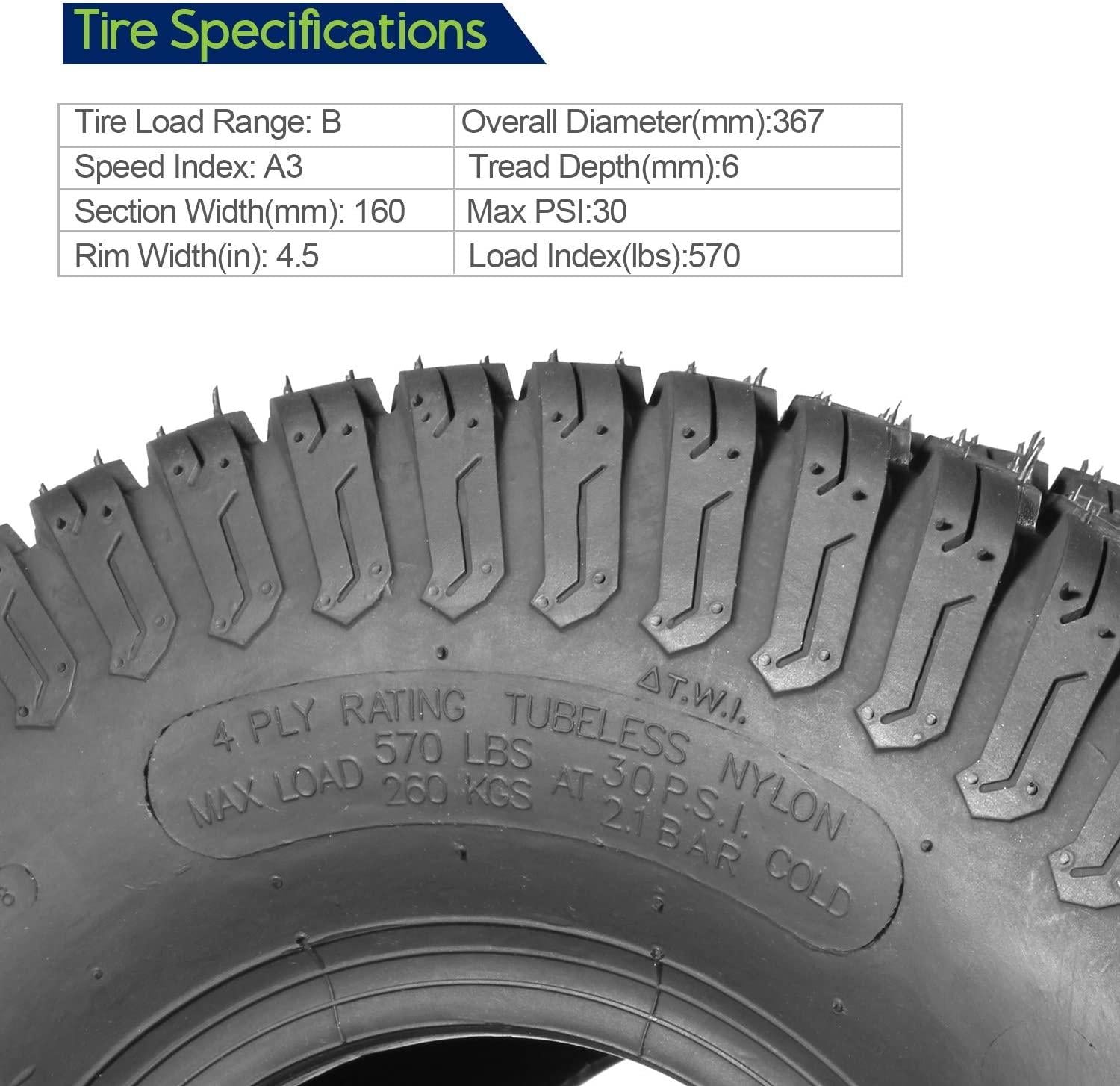 Set of 4 Lawn Mower Turf Tires 15x6-6 Front & 18x9.5-8 Rear Tractor Riding, 4PR, Tubeless