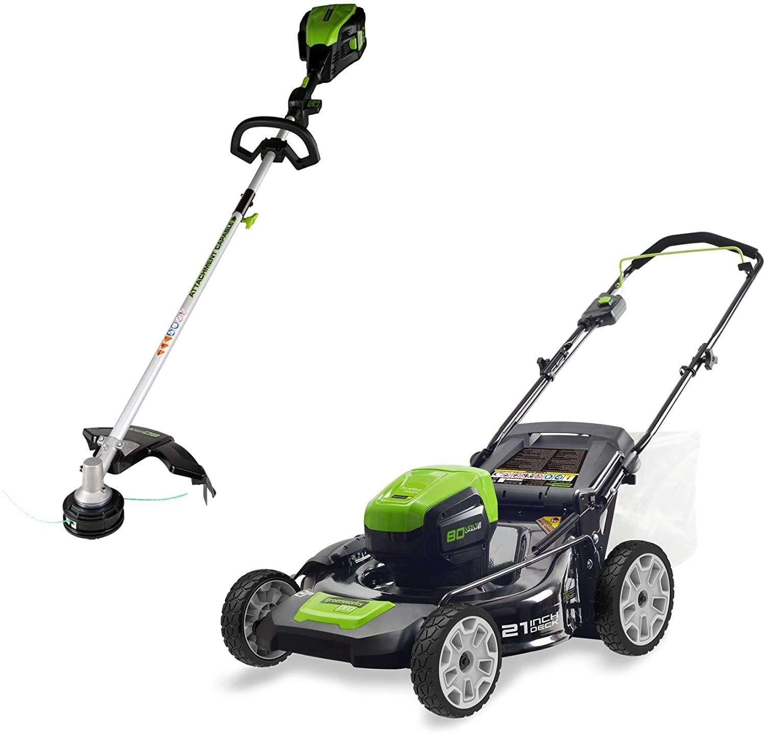Greenworks PRO 21-Inch 80V Cordless Lawn Mower with 16-Inch PRO 80V Cordless String Trimmer (Attachment Capable) Battery Not Inc