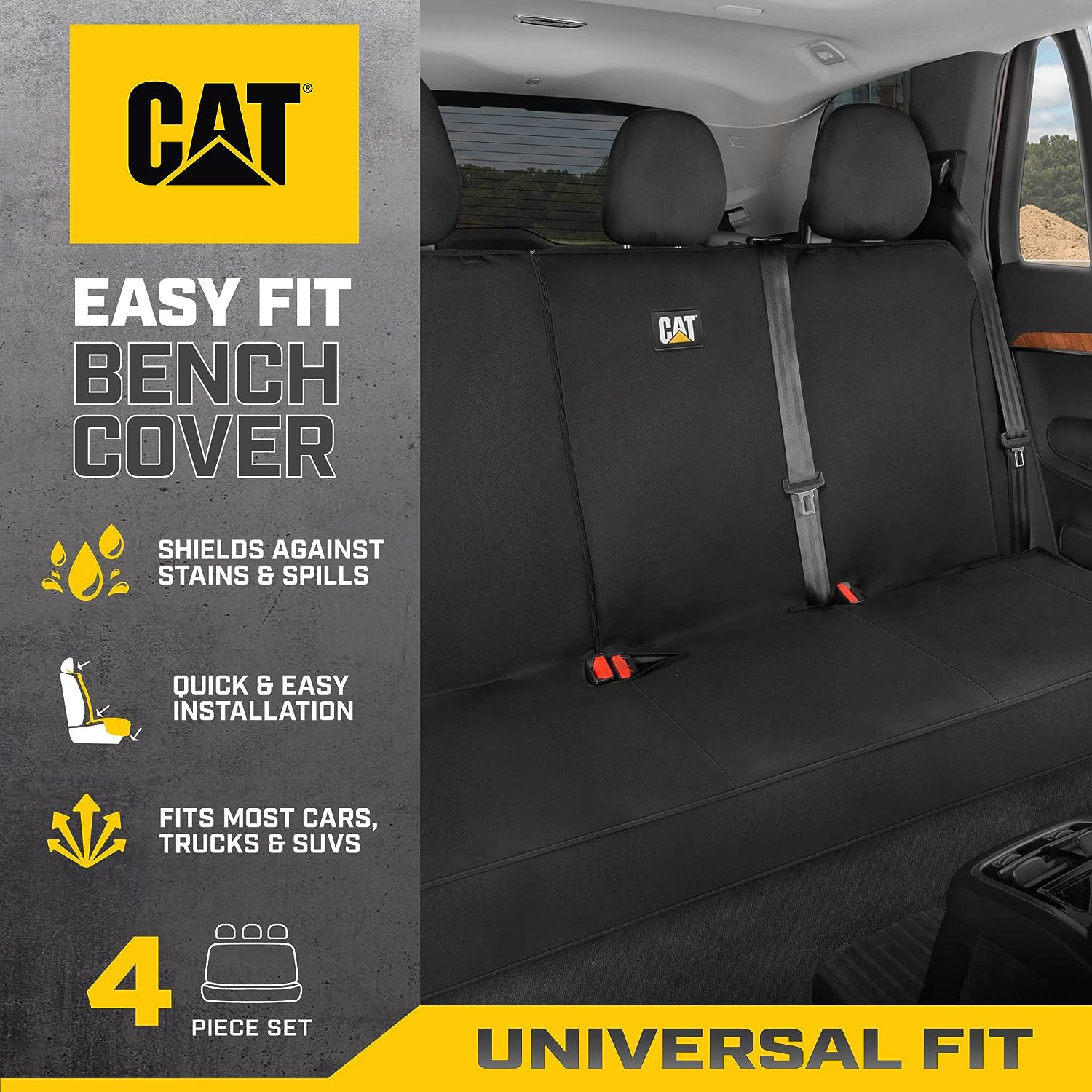 CATFlexfit Seat Cover for Cars Trucks SUV, Zipper Split Rear Bench Protector with Durable Canvas Material, Interior Cover in Black