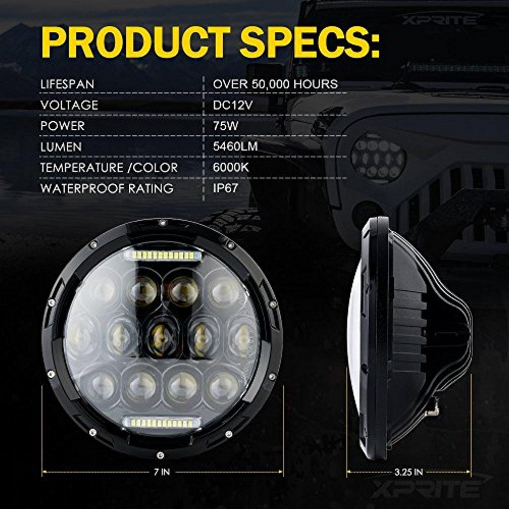 Ferrari 328 GTS 1986, 1987, 1988, 1989 7 Inch Round Cree LED Headlights White 75W 9000 Lumens Hi/Lo Beam with DRL