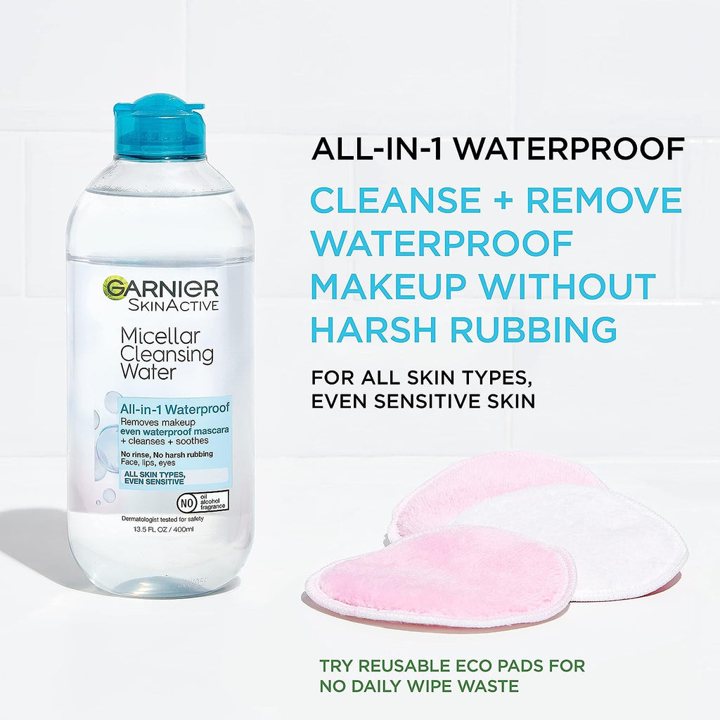 Garnier SkinActive Micellar Water For Waterproof Makeup, Facial Cleanser &amp; Makeup Remover, 13.5 Fl Oz (400mL), 2 Count (Packaging May Vary)