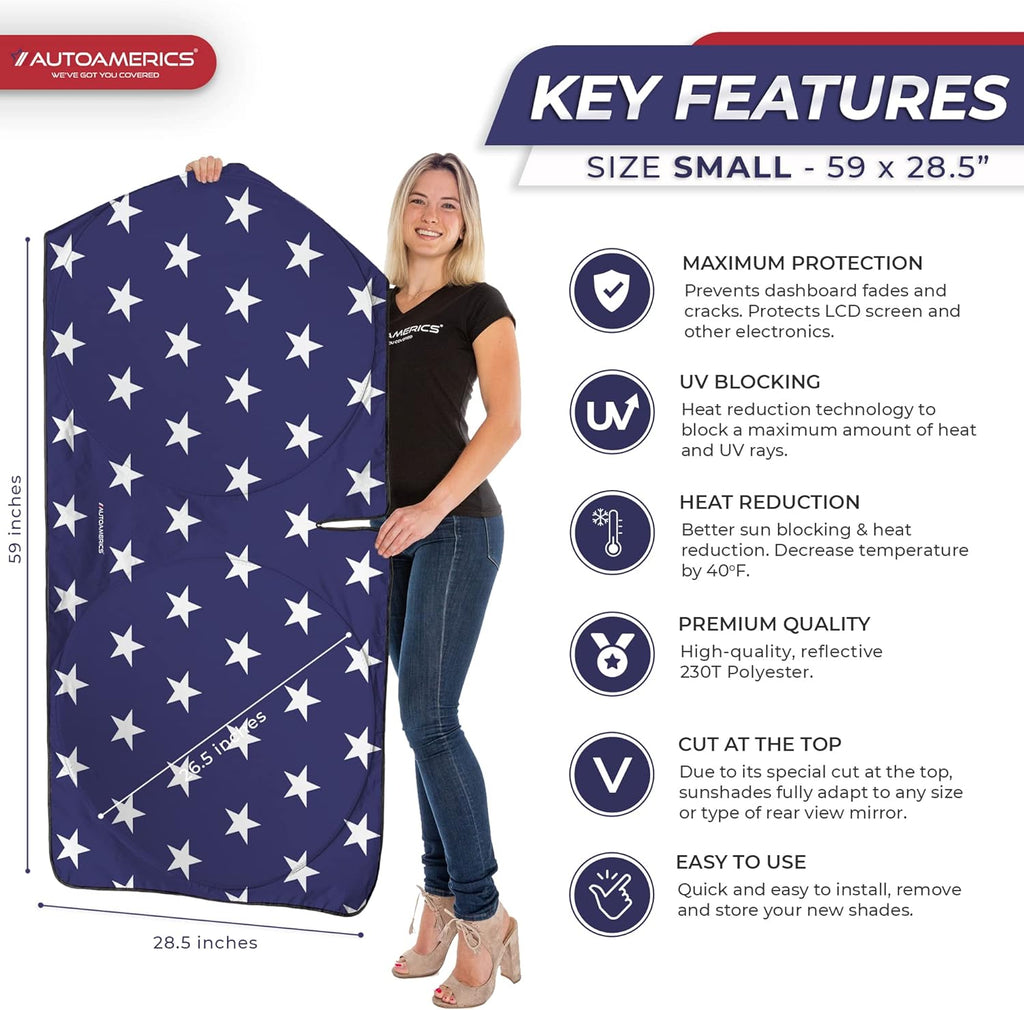 Autoamerics 1-Piece Windshield Sun Shade American Stars Flag USA Patriotic  - Foldable Car Front Window Sunshade for Sedans SUV Truck - Blocks Max UV Rays and Keeps Your Vehicle Cool - Small
