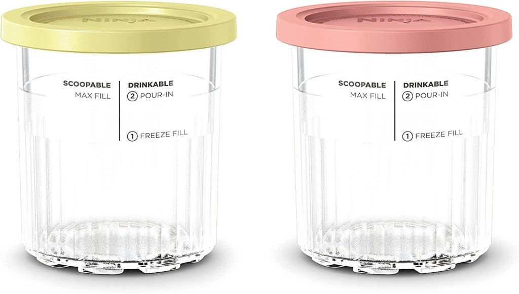 Ninja XSKPNTLD2 Creami Deluxe Pints 2 Pack, compatible with nc500 series creami deluxe ice cream makers, bpa-free & dishwasher safe, coral and yellow, 16 oz, coral & yellow lids