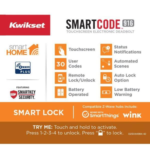 Z-Wave SmartCode 916 Touchscreen Satin Nickel Single Cylinder Electronic Deadbolt Featuring SmartKey Security