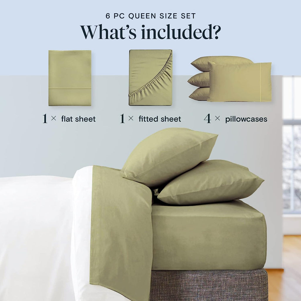 LuxClub 6 PC King Size Sheet Set Bamboo Sheets Deep Pockets 18" Eco Friendly Wrinkle Free Cooling Sheets Machine Washable Hotel Bedding Silky Soft - Olive King