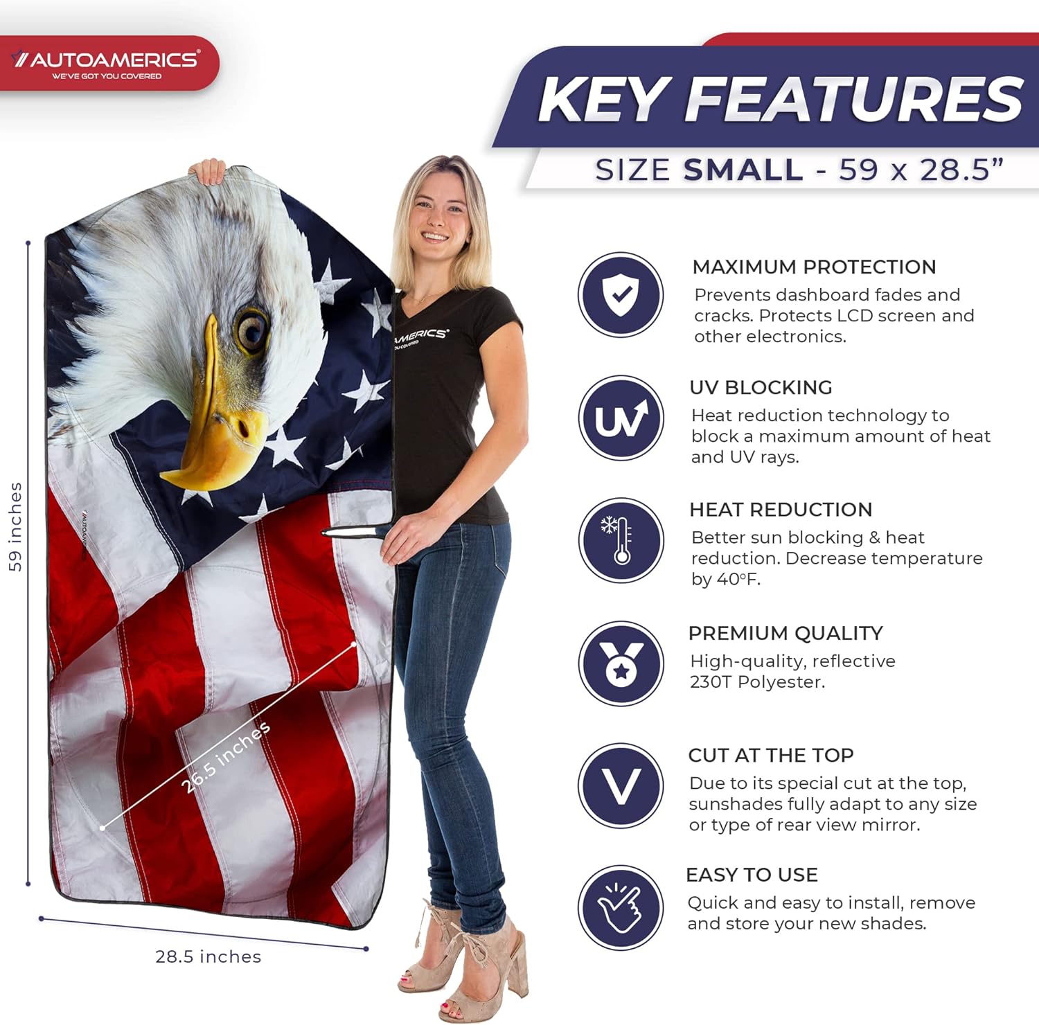 Autoamerics 1-Piece Windshield Sun Shade American Eagle Flag - 3 USA Patriotic  - Foldable Car Front Window Sunshade for Sedans SUV Truck - Blocks Max UV Rays and Keeps Your Vehicle Cool Small
