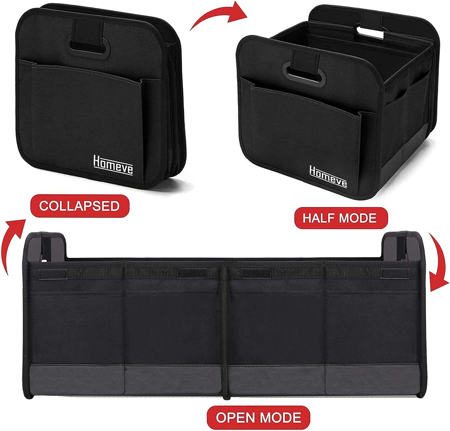 Homeve 2 Pack Trunk Organizer for Car, Reinforced Handles, Collapsible Multi-Compartment Car Organizers, Foldable and Waterproof, 600D Oxford Polyester, Suitable for Any Car, SUV, Mini-Van, Black