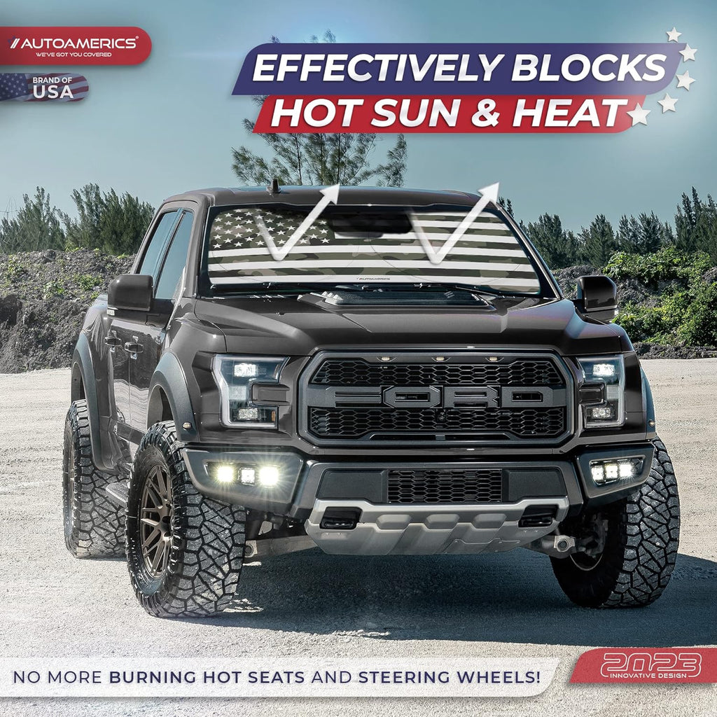 Autoamerics 1-Piece Windshield Sun Shade Green Camo American Flag USA  - Foldable Car Front Window Sunshade for Most Sedans SUV Truck - Blocks Max UV Rays and Keeps Your Vehicle Cool - Small