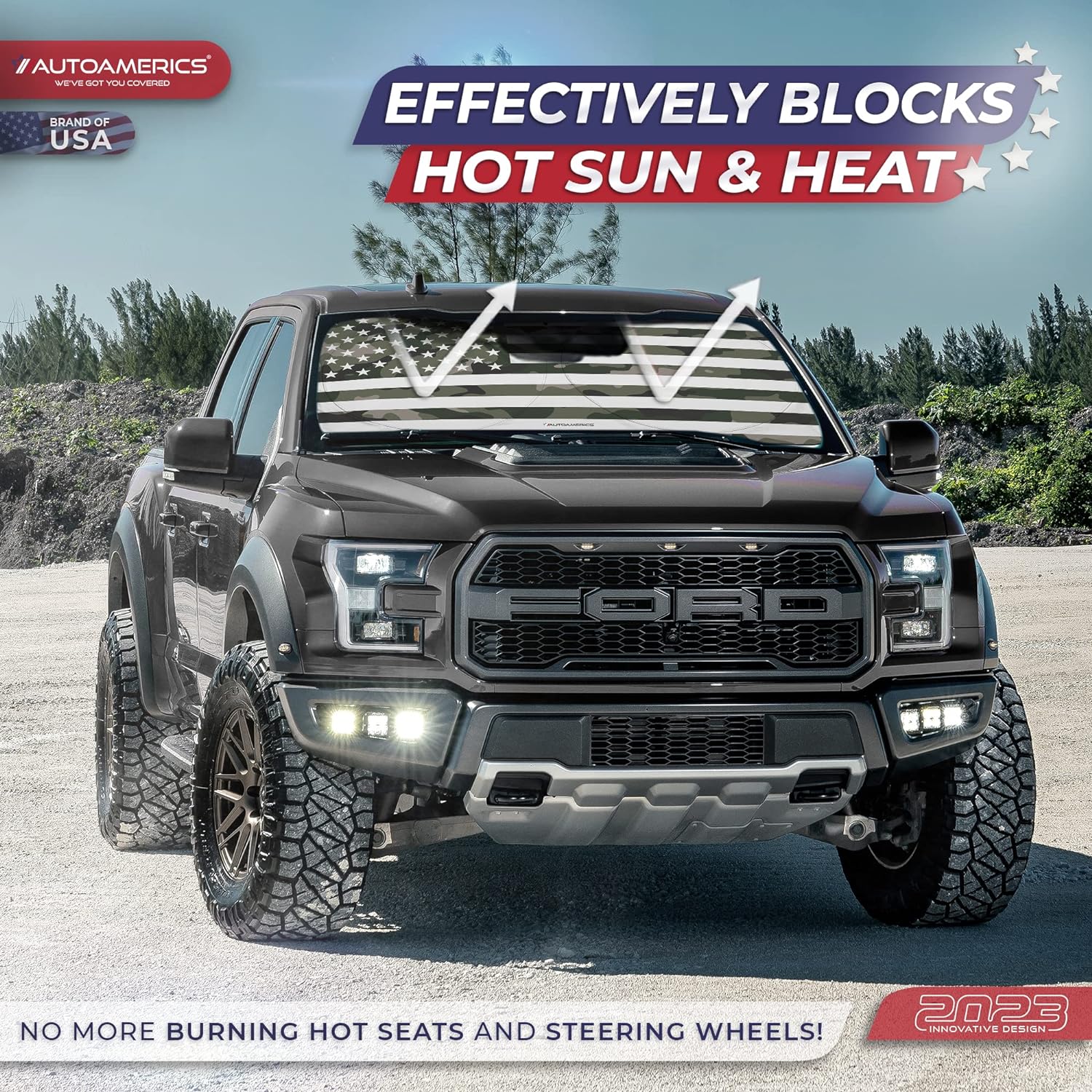 Autoamerics 1-Piece Windshield Sun Shade Green Camo American Flag USA  - Foldable Car Front Window Sunshade for Most Sedans SUV Truck - Blocks Max UV Rays and Keeps Your Vehicle Cool - Large