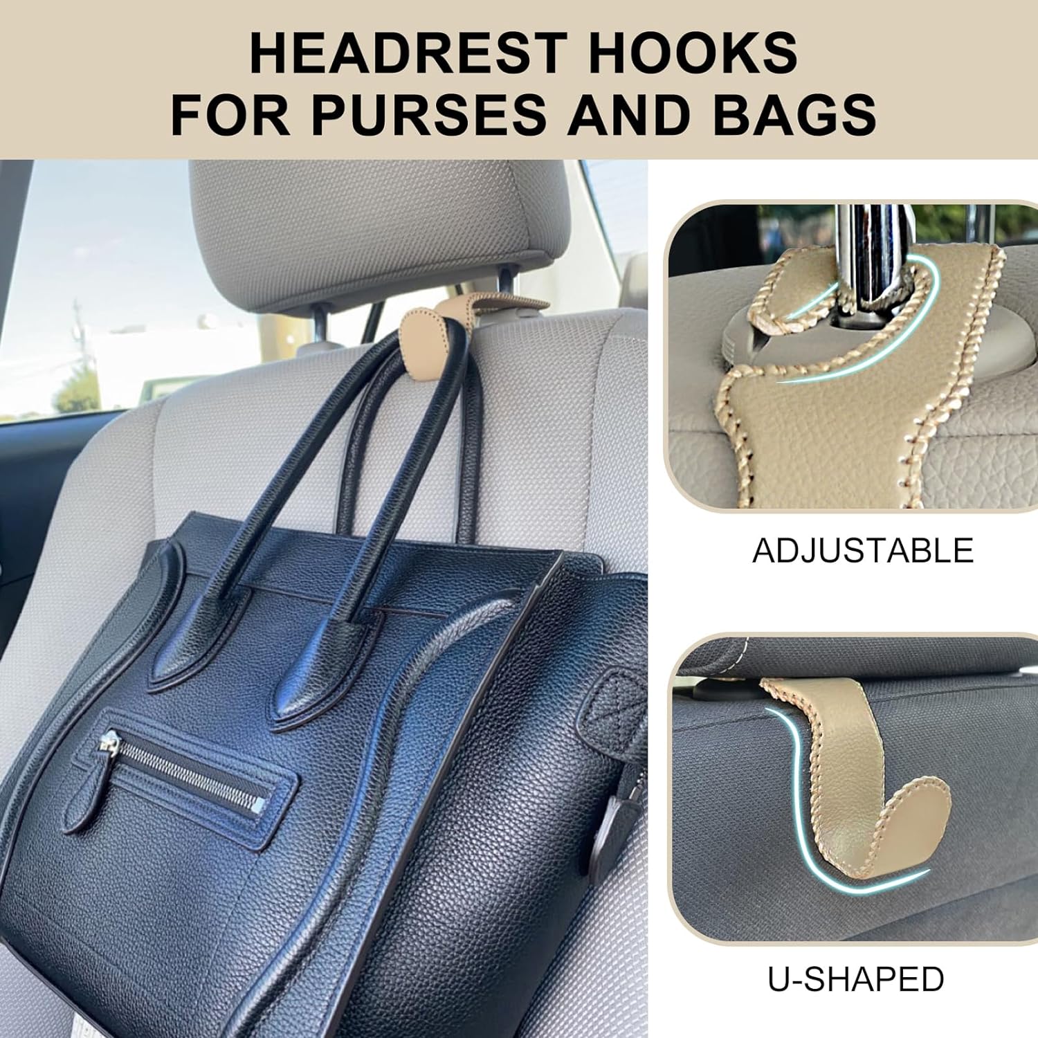 EldHus Seat Hooks for Purses and Bags, 2 Pack Car Purse Holder for Grocery Bag Handbag Clothes, Metal Headrest Hooks Covered by Leather, Beige