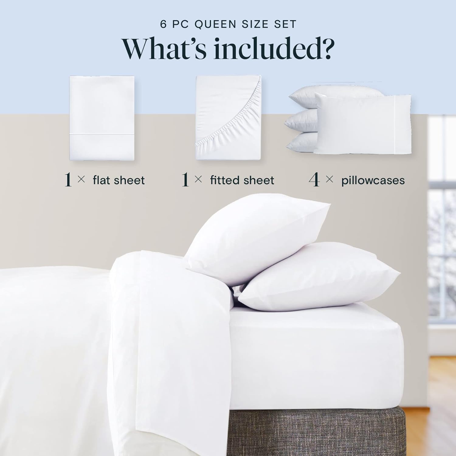 LuxClub 6 PC Queen Sheet Set, Rayon Made from Bamboo Bed Sheets, Deep Pockets 18" Eco Friendly Wrinkle Cooling Sheets Machine Washable Hotel Bedding Silky Soft - White Queen
