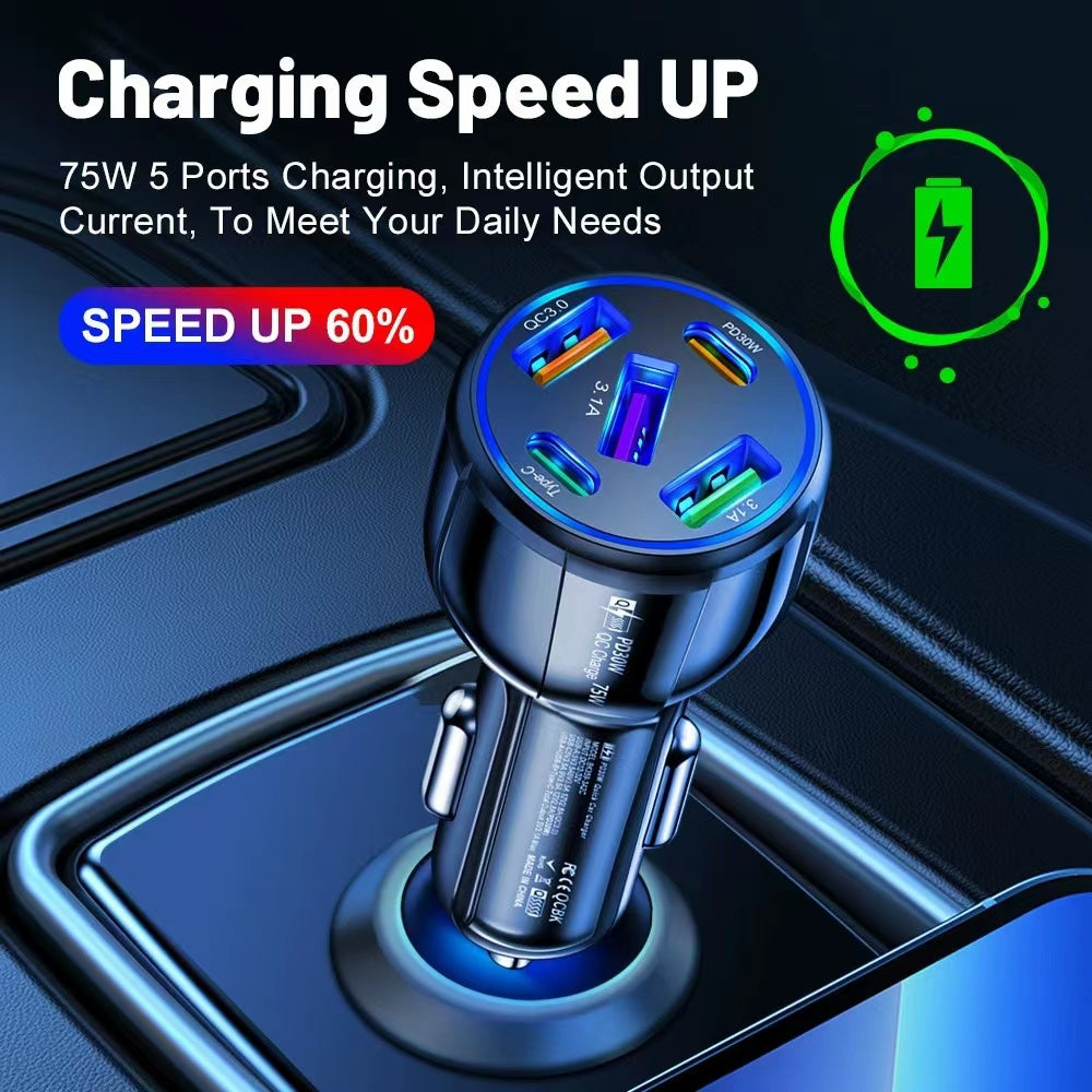 5 Ports USB PD  Car Adapter Charger QC3.0 Type C,In-Car Adapter Fast Charging, For  Phone Multiple Watt Wireless Plug Super Lighter  Cigar
