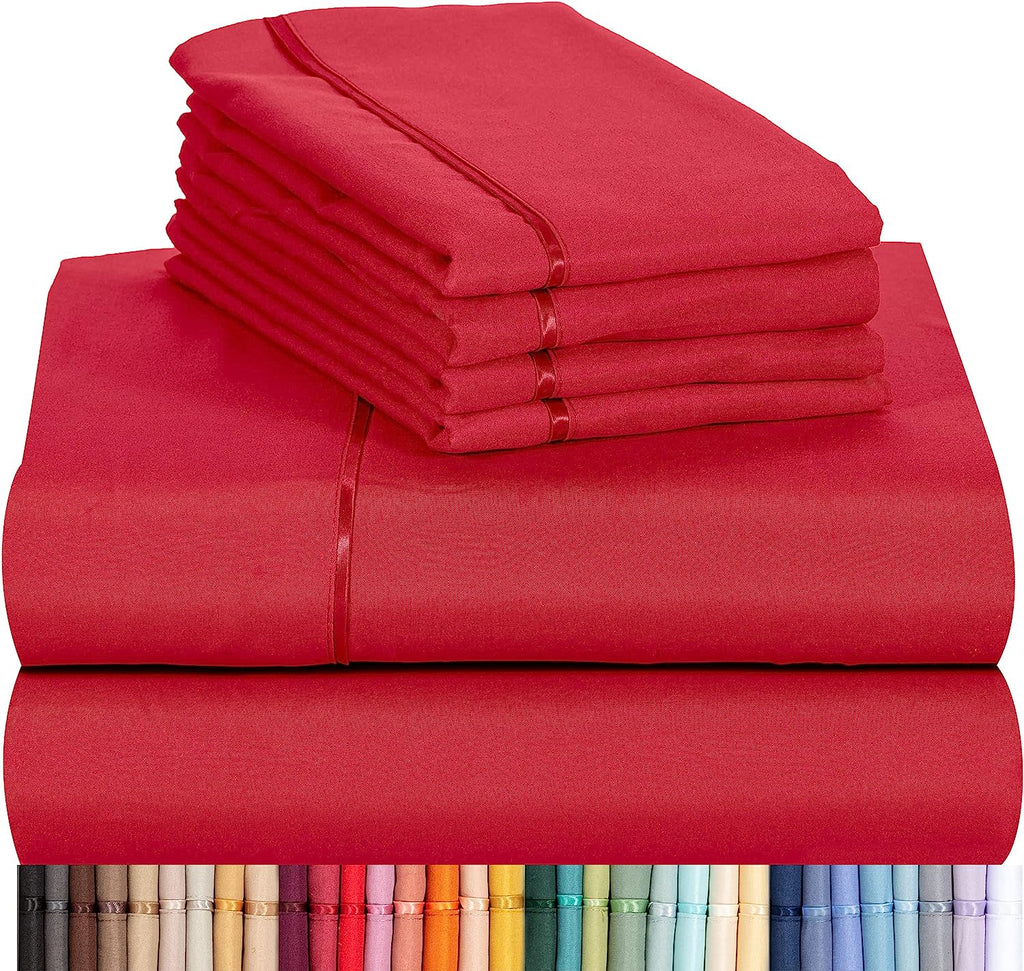 LuxClub 7 PC Split King Sheet Set Bamboo Sheets Deep Pockets 18" Eco Friendly Wrinkle Free Cooling Sheets Machine Washable Hotel Bedding Silky Soft - Red Split King