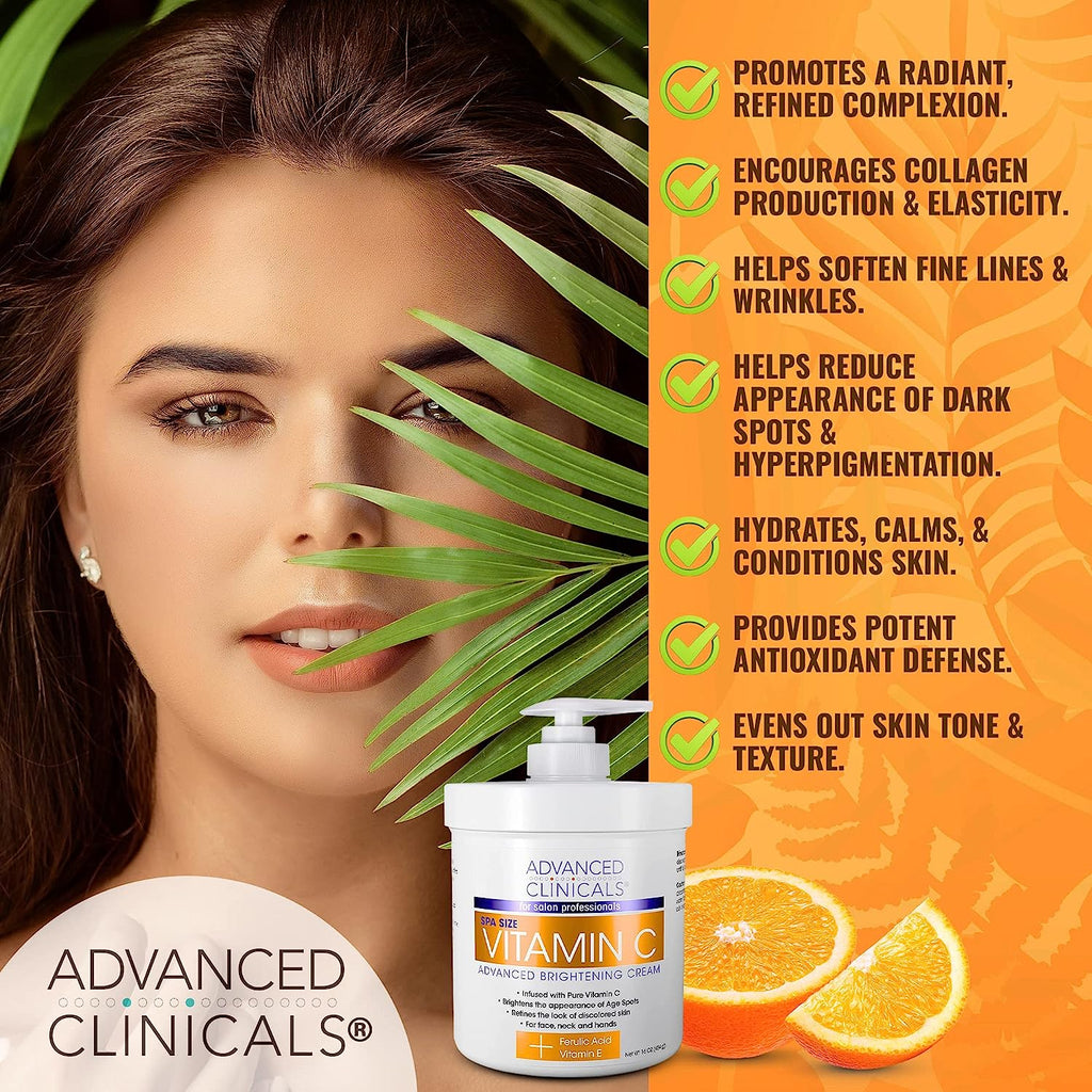 Advanced Clinicals Vitamin C Face &amp; Body Cream Moisturizing Skin Care Lotion, Anti Aging Vitamin C Skincare Moisturizer For Body, Face, Age Spots, Wrinkles, &amp; Sun Damaged Skin, Large 16oz (2-Pack)