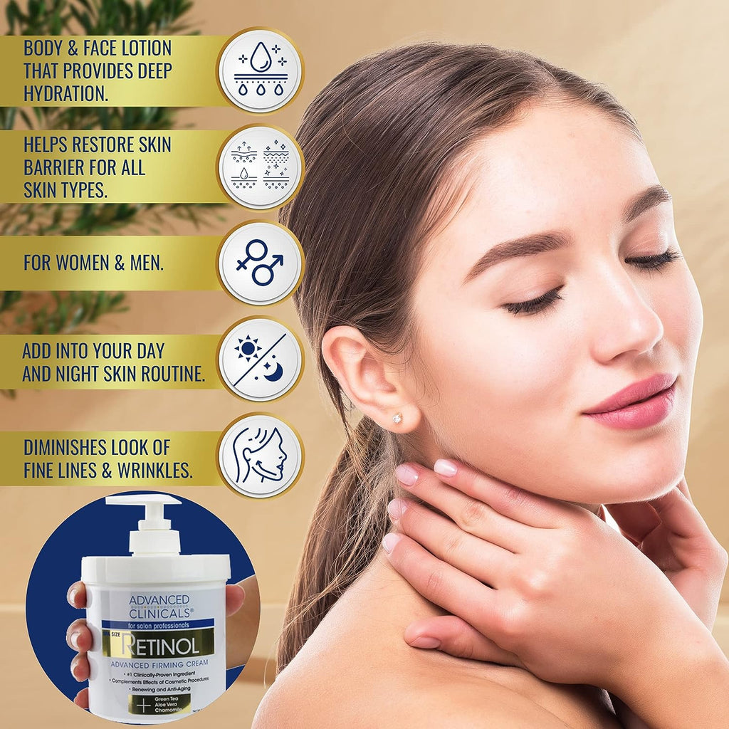 Advanced Clinicals Retinol Body Lotion Moisturizer Face Lotion &amp; Body Cream | Crepey Skin Care Treatment | Fragrance Free Retinol Cream Targets Look Of Crepe Skin, Wrinkles, Sagging Skin, Large 16 Oz