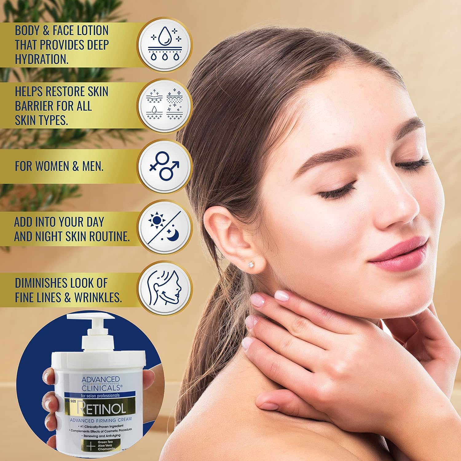 Advanced Clinicals Retinol Body Lotion Moisturizer Face Lotion &amp; Body Cream | Crepey Skin Care Treatment | Fragrance Free Retinol Cream Targets Look Of Crepe Skin, Wrinkles, Sagging Skin, Large 16 Oz