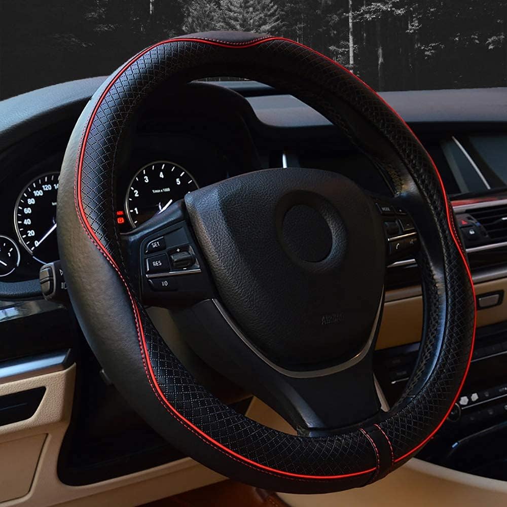 Valleycomfy Steering Wheel Covers Universal 15.75 inch - Genuine Leather, Breathable, Anti Slip &amp; Odor (Black with Red Lines, L(15" 1/2-16"))