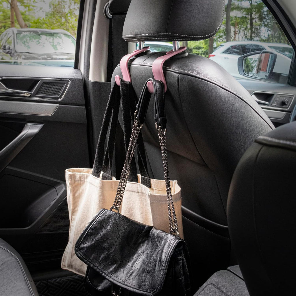 LivTee Car Seat Headrest Hook, Auto Seat Hook Hangers Storage Organizer Interior Accessories for Purse Coats Umbrellas Grocery Bags Handbag, 4-Pack - Pink