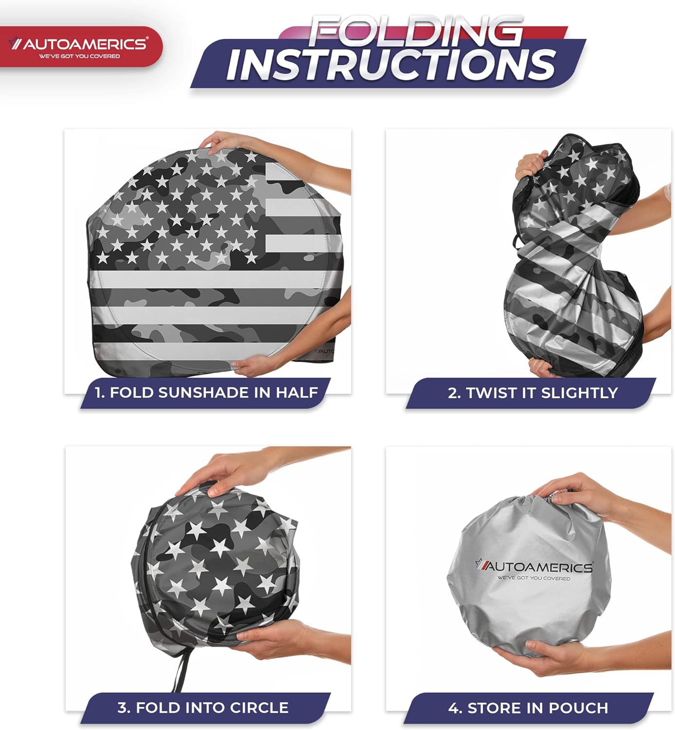 Autoamerics 1-Piece Windshield Sun Shade Gray Camo American Flag USA  - Foldable Car Front Window Sunshade for Most Sedans SUV Truck - Blocks Max UV Rays and Keeps Your Vehicle Cool - Large