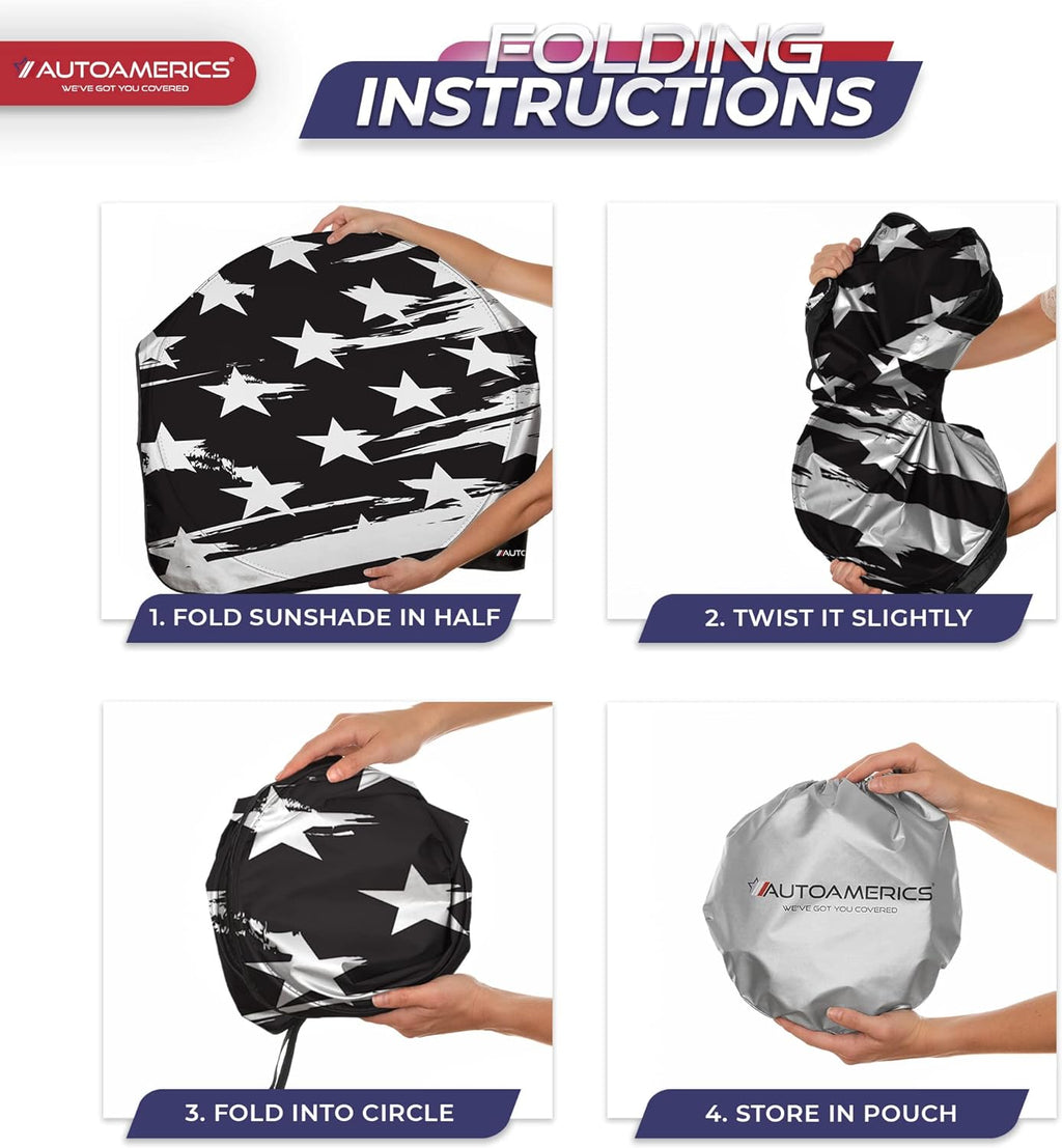 Autoamerics 1-Piece Windshield Sun Shade B&amp;W Art American Flag USA  - Foldable Car Front Window Sunshade for Most Sedans SUV Truck - Blocks Max UV Rays and Keeps Your Vehicle Cool - Small