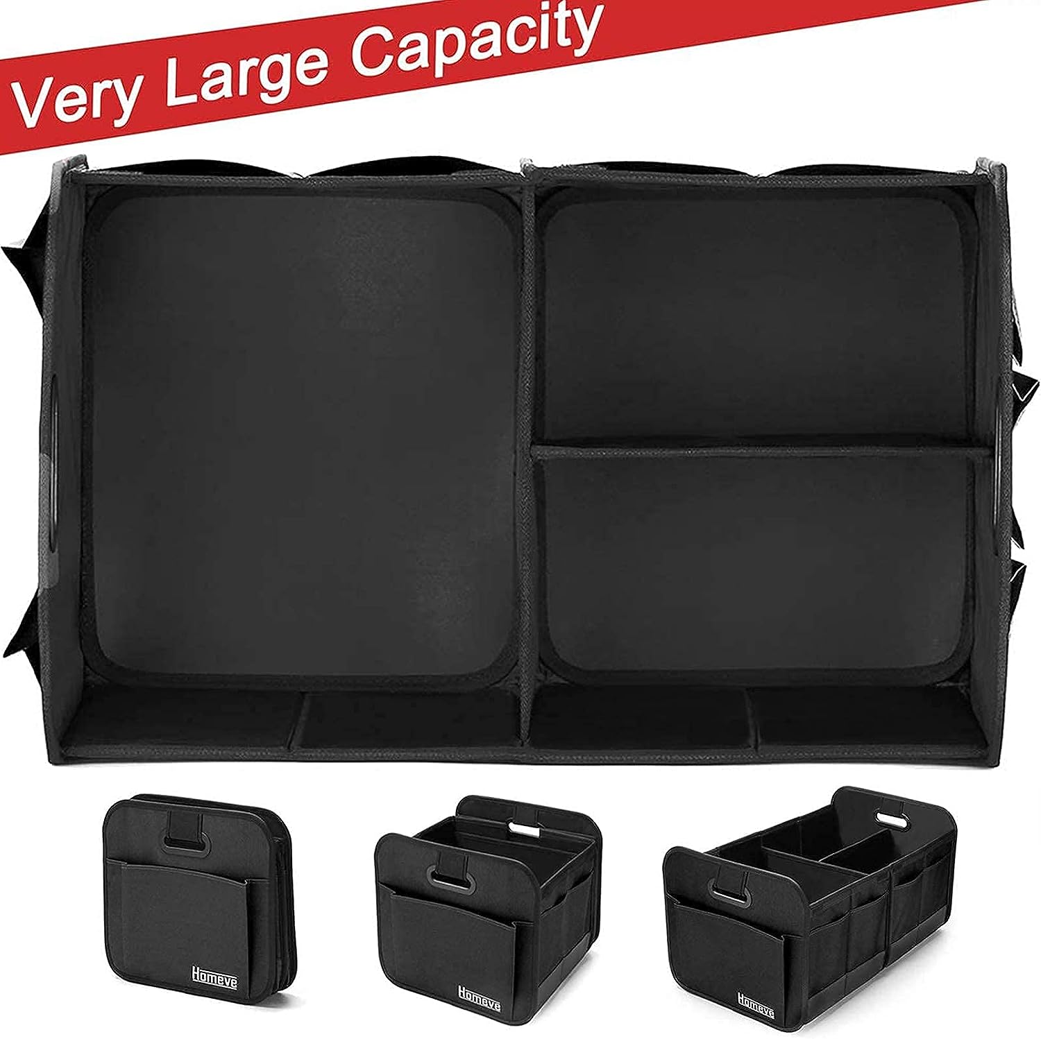 Homeve 2 Pack Trunk Organizer for Car, Reinforced Handles, Collapsible Multi-Compartment Car Organizers, Foldable and Waterproof, 600D Oxford Polyester, Suitable for Any Car, SUV, Mini-Van, Black