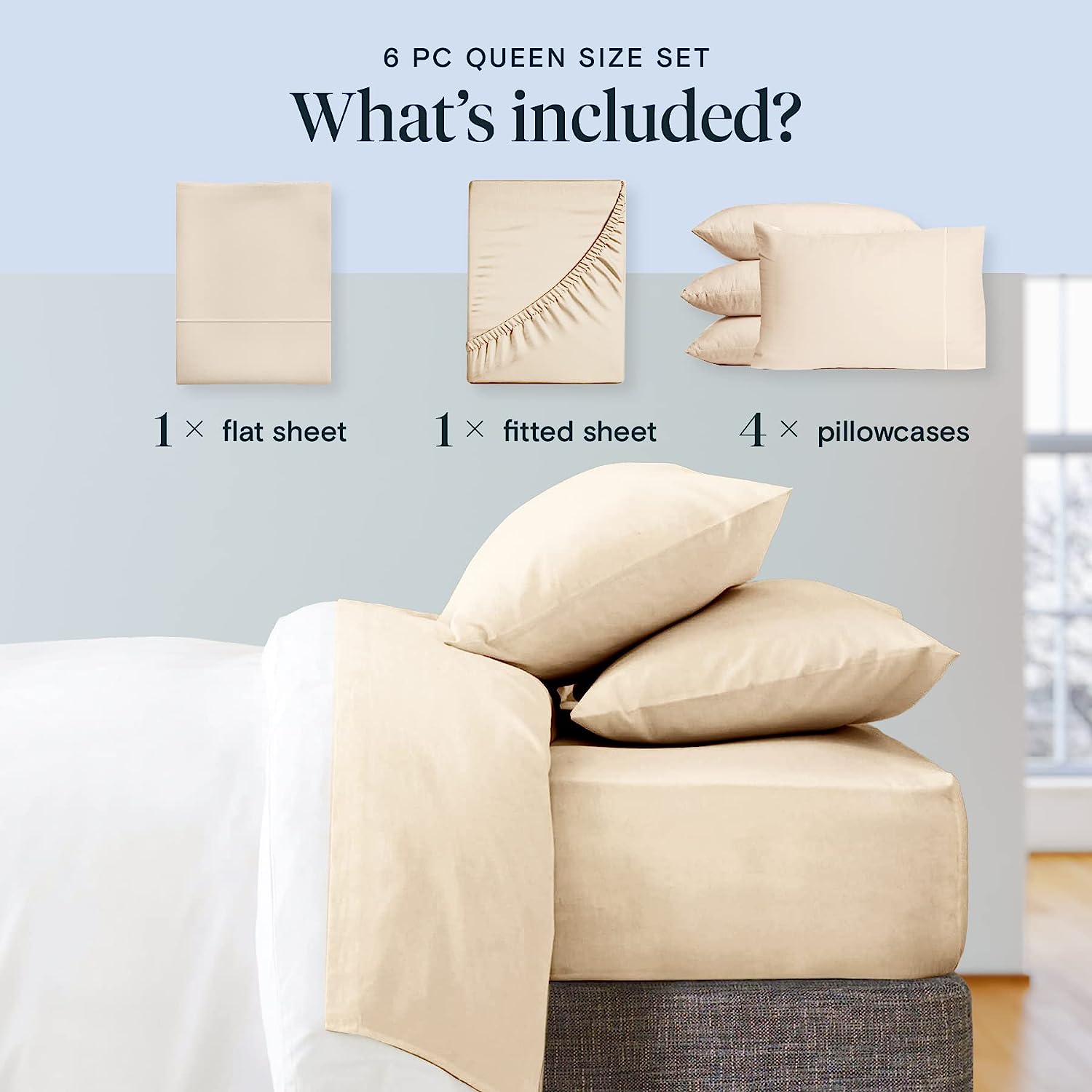 LuxClub 6 PC Queen Sheet Set Bamboo Sheets Deep Pockets 18" Eco Friendly Wrinkle Free Cooling Sheets Machine Washable Hotel Bedding Silky Soft - Cream Queen