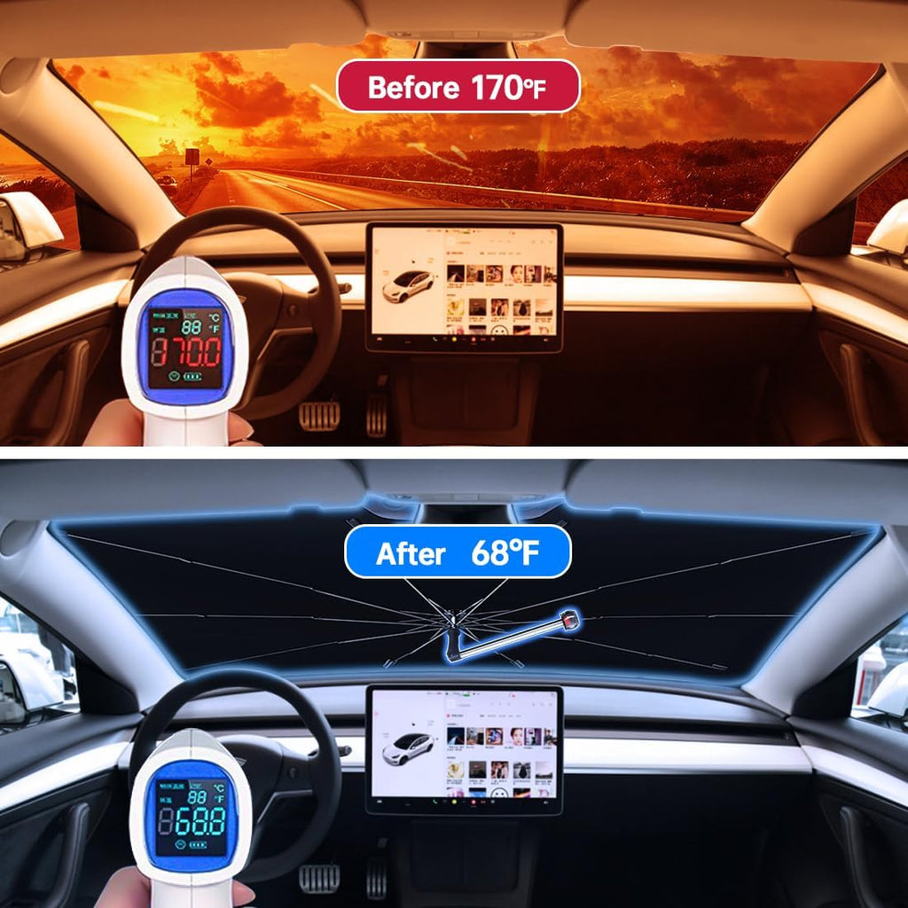 Windshield Sun Shade with 360° Rotating Shaft -Upgraded Car Sunshade with Window Breaker, Car Umbrella Sun Shade Cover for UV Protection