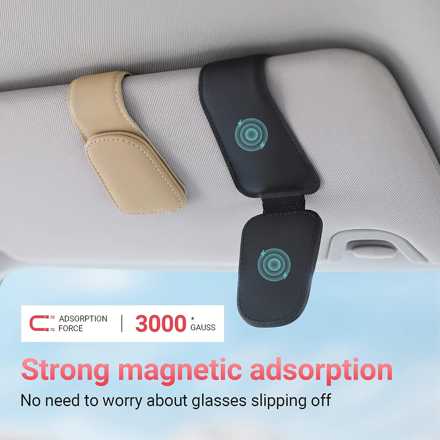 Sunglass Holder for Car Visor Sunglasses Clip Magnetic Leather Glasses Eyeglass Holder Interior Car Accessories for Woman Man - 2 Packs Beige