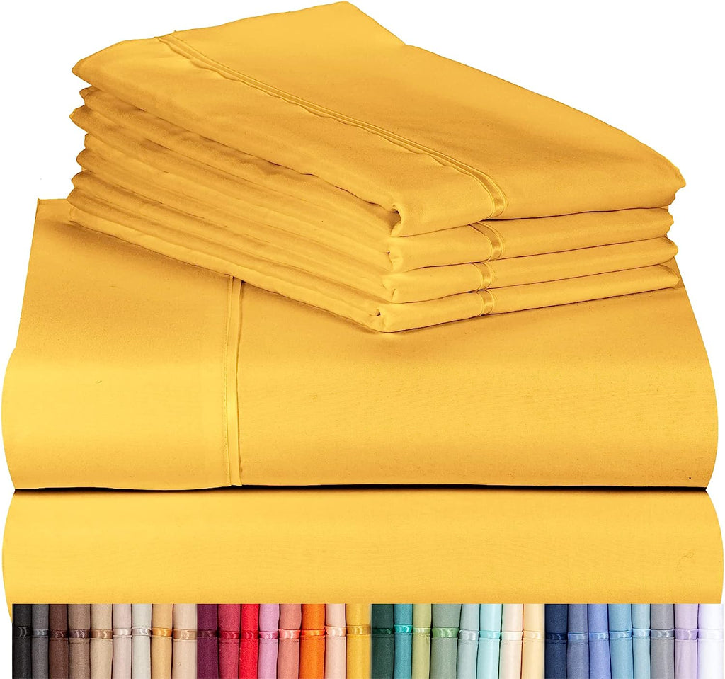 LuxClub 7 PC Split King Sheet Set Bamboo Sheets Deep Pockets 18" Eco Friendly Wrinkle Free Cooling Sheets Machine Washable Hotel Bedding Silky Soft - Medallion Gold Split King
