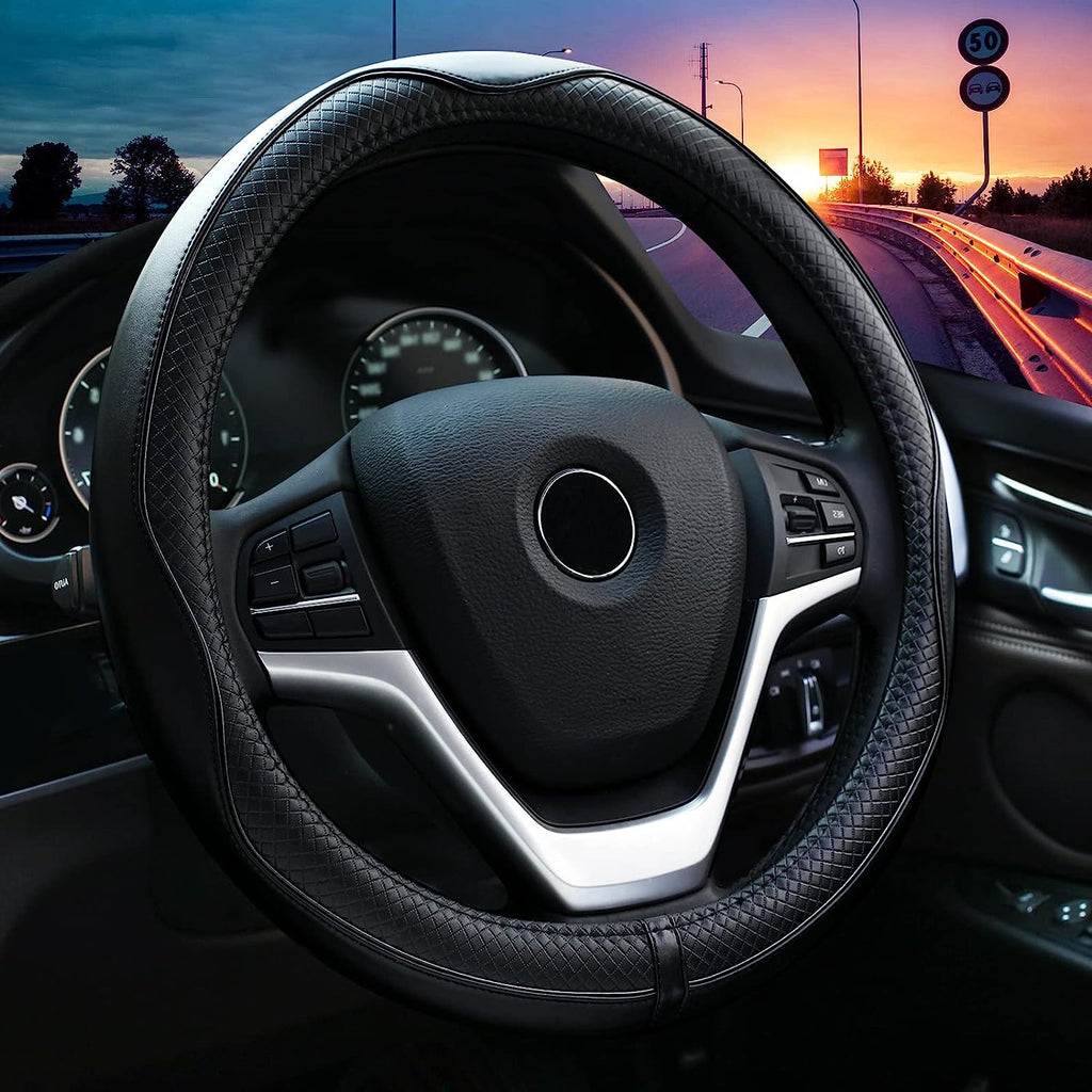 Valleycomfy Universal 15 inch Auto Car Steering Wheel Cover with Black Genuine Leather for HRV CRV Accord Corolla Prius Rav4 Tacoma Camry X1 X3 X5 335i 535i,etc