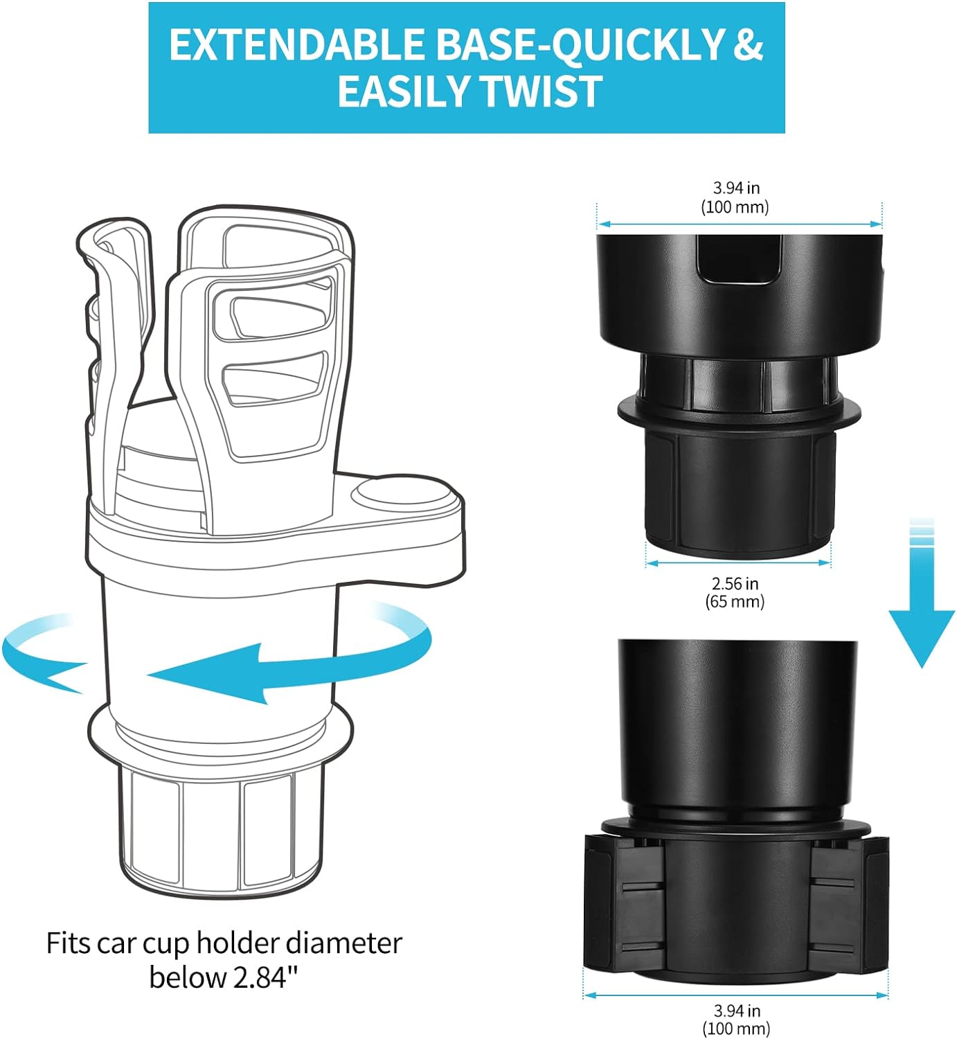 2 in 1 Large Car Cup Holder Extender Adapter THIS HILL with Adjustable Base, Wider Diameter, Universal Car Cup Holder and Organizer for Snack Bottles Cups Drinks Upgraded