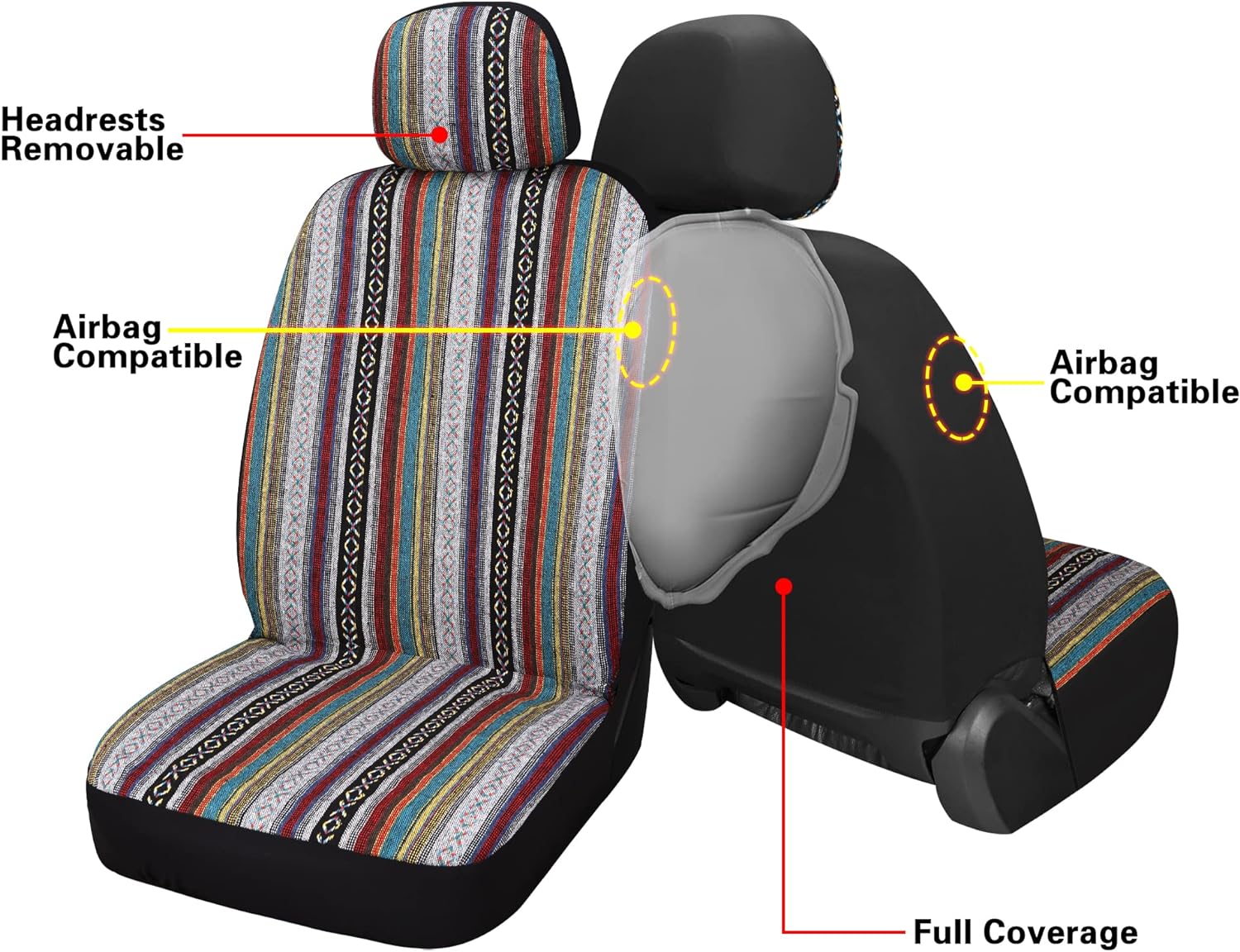 Pariitadin Baja Saddle Blanket Car Seat Covers Front Set with Seat Belt Pads, Washable Breathable Striped Woven Cloth Seat Covers for Cars, Universal Fit Most Cars, Airbag Compatible, Red