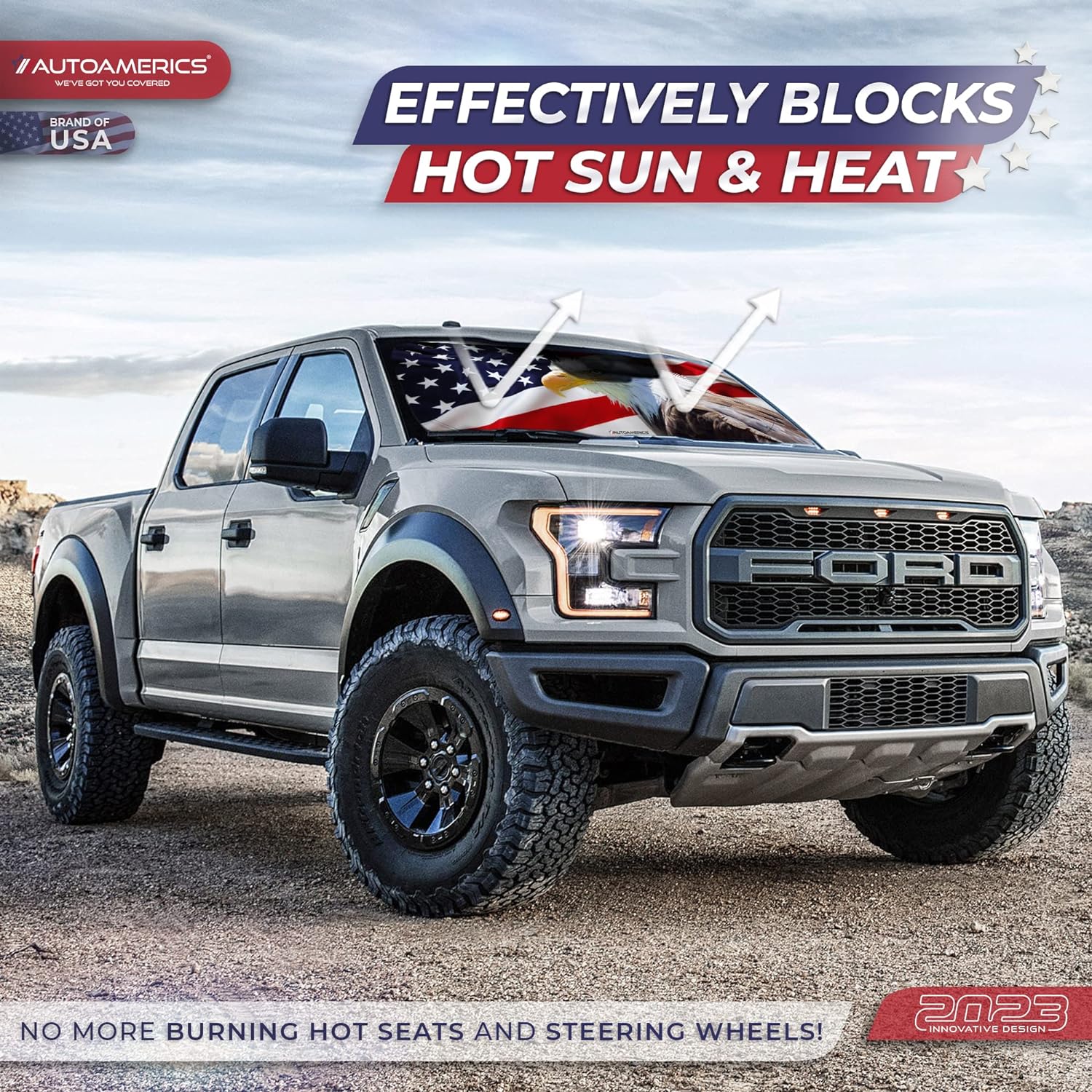 Autoamerics 1-Piece Windshield Sun Shade American Eagle Flag - 2 USA Patriotic  - Foldable Car Front Window Sunshade for Sedans SUV Truck - Blocks Max UV Rays and Keeps Your Vehicle Cool X-Large