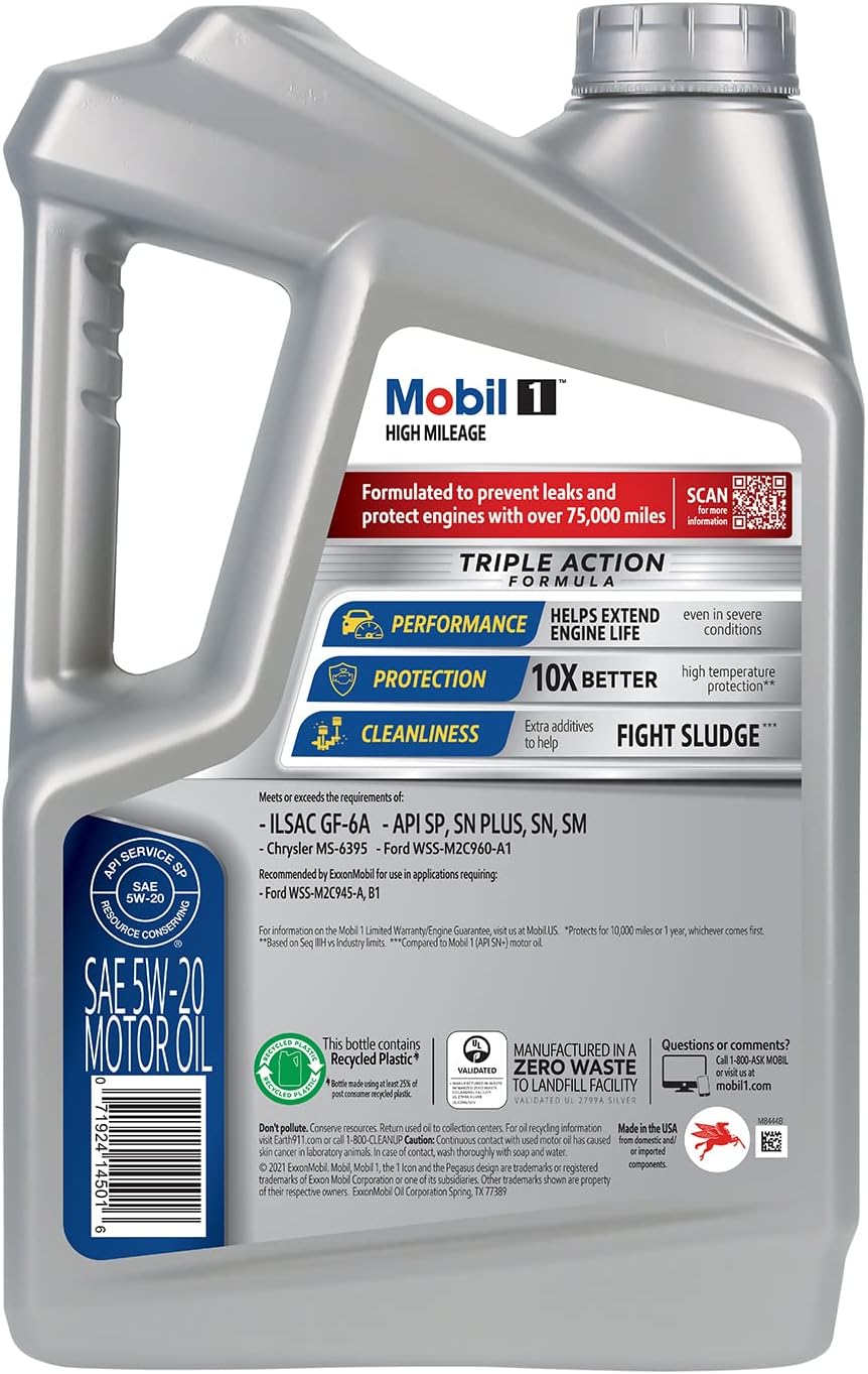 Mobil 1 High Mileage Full Synthetic Motor Oil 5W-20, 5 Quart