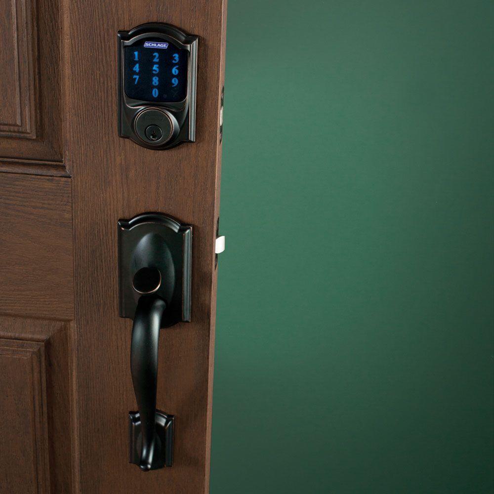 Camelot Aged Bronze Connect Z-Wave Plus Smart Deadbolt and Camelot Handleset with Accent Lever with Camelot Trim