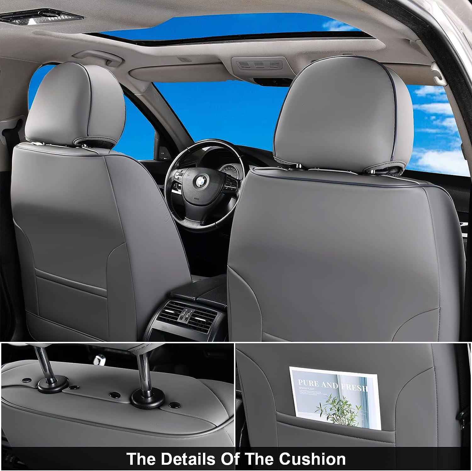 Coverado Leather Seat Covers Full Set, 5 Seats Universal Seat Covers for Cars, Waterproof Luxury Leatherette Seat Cushions, Front and Rear Seat Protectors, Seat Covers Fit for Most Vehicles Gray/White