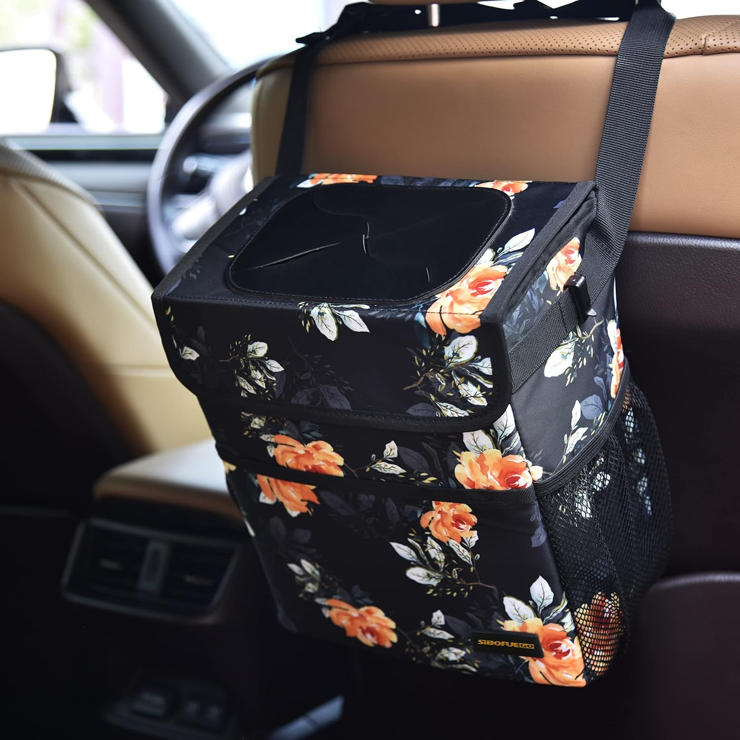 SIBOFUEGO Cute Car Trash Can with Lid - Leak Proof Hanging Waterproof Garbage Can with Storage Pockets Multipurpose Collapsible Car Organizer (Flower)