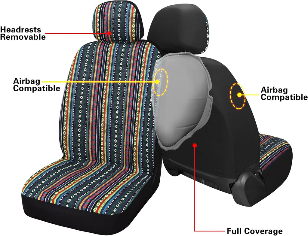 Pariitadin Baja Saddle Blanket Car Seat Covers Front Set with Seat Belt Pads, Washable Breathable Striped Woven Cloth Seat Covers for Cars, Universal Fit Most Cars, Airbag Compatible, Red/Blue
