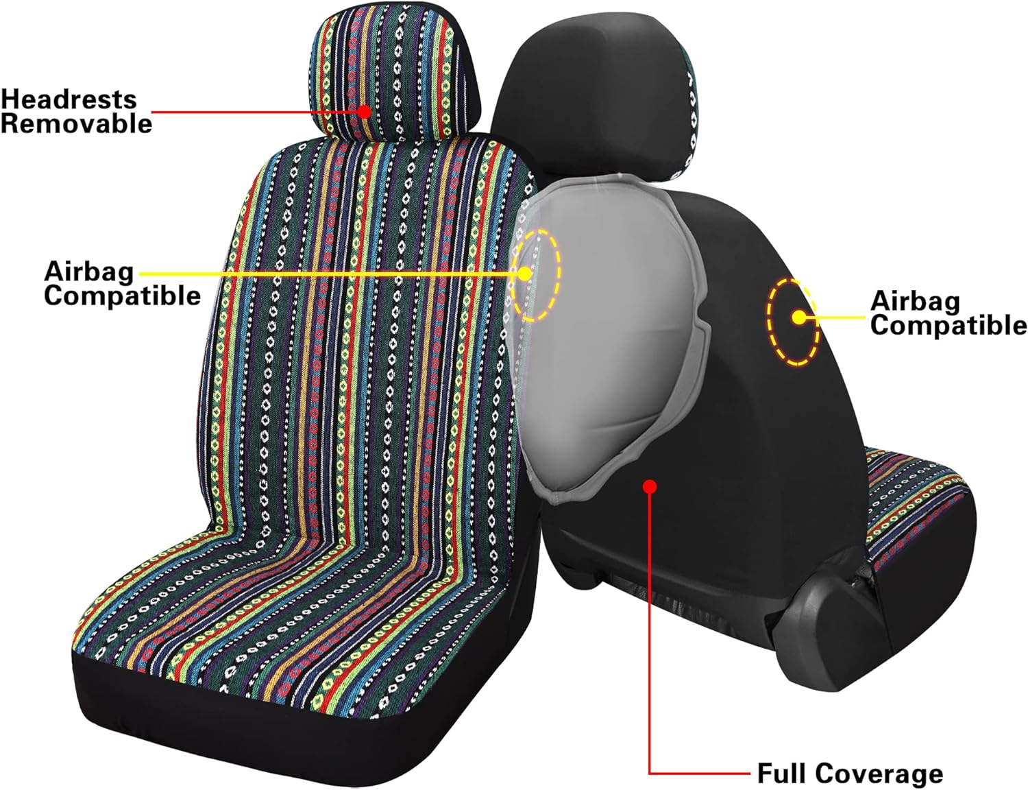 Pariitadin Baja Saddle Blanket Car Seat Covers Full Set with Seat Belt Pads, Washable Breathable Striped Woven Cloth Seat Covers for Cars Interior, Universal Fit Most Cars, Airbag Compatible, Red/Blue