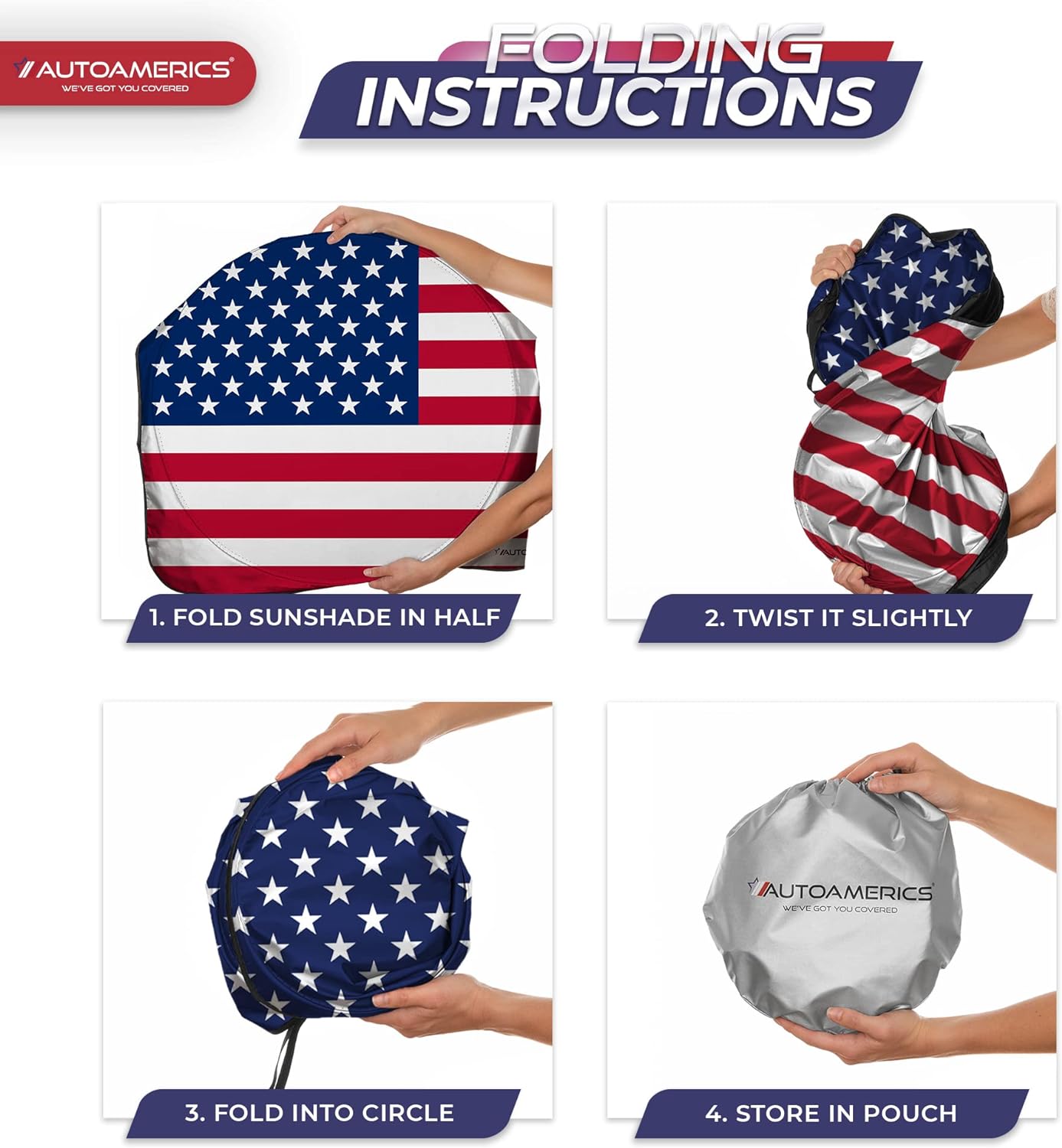 Autoamerics 1-Piece Windshield Sun Shade Original American Flag USA Patriotic  - Foldable Car Front Window Sunshade for Sedans SUV Truck - Blocks Max UV Rays and Keeps Your Vehicle Cool - Large