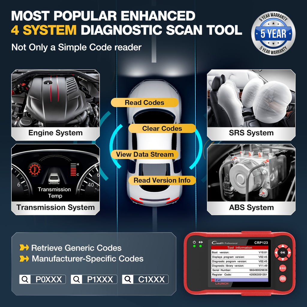 Professional Automotive Scanner: LAUNCH X431 CRP123 OBD2 - Engine, ABS, SRS &amp; AT Code Reader - Lifetime Updates!